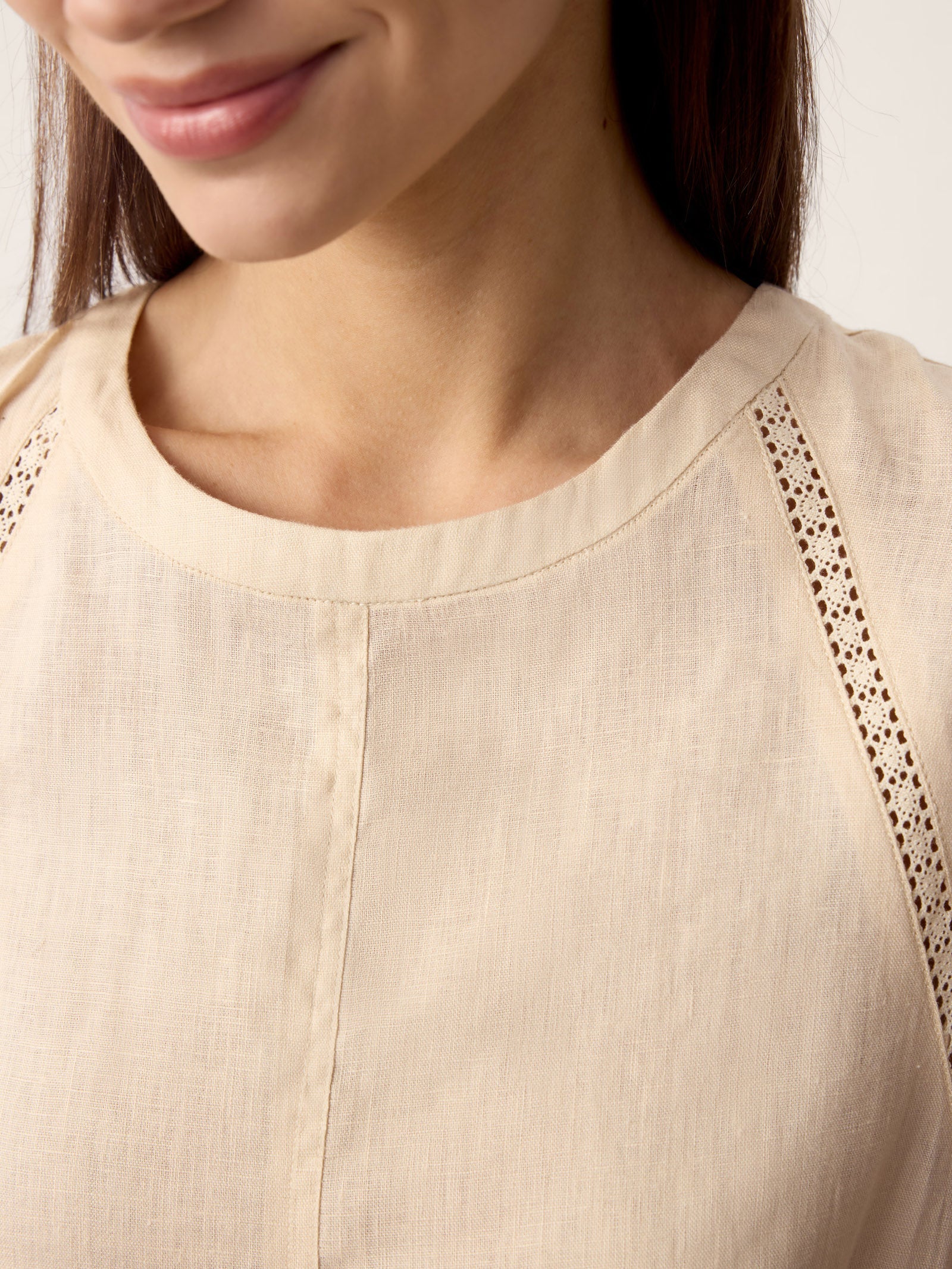 100% Linen Lace-Inset Bubble-Hem Midi Dress LORITA