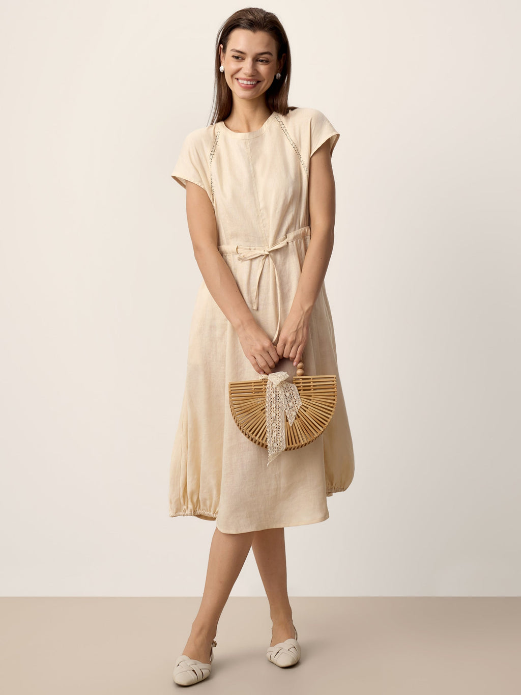 100% Linen Lace-Inset Bubble-Hem Midi Dress LORITA