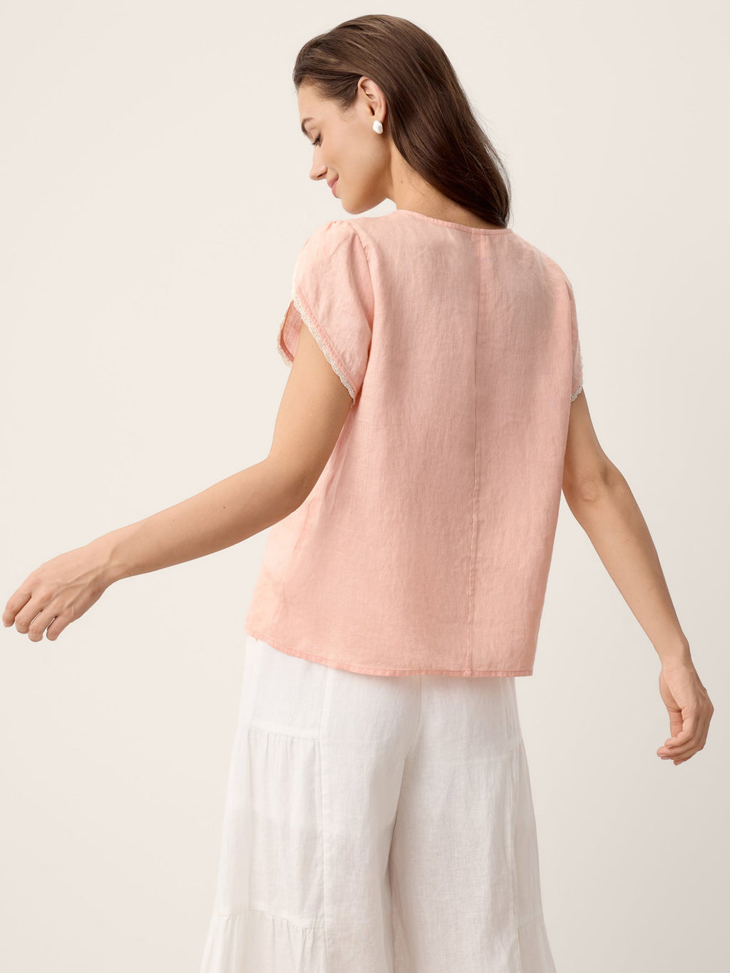100% Linen Lace-Trim Puff-Sleeve Top NIA