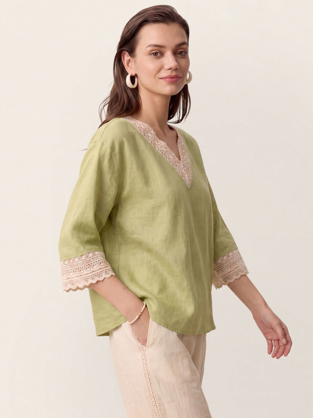 100% Linen Lace-Trim V-Neck Top KEELY