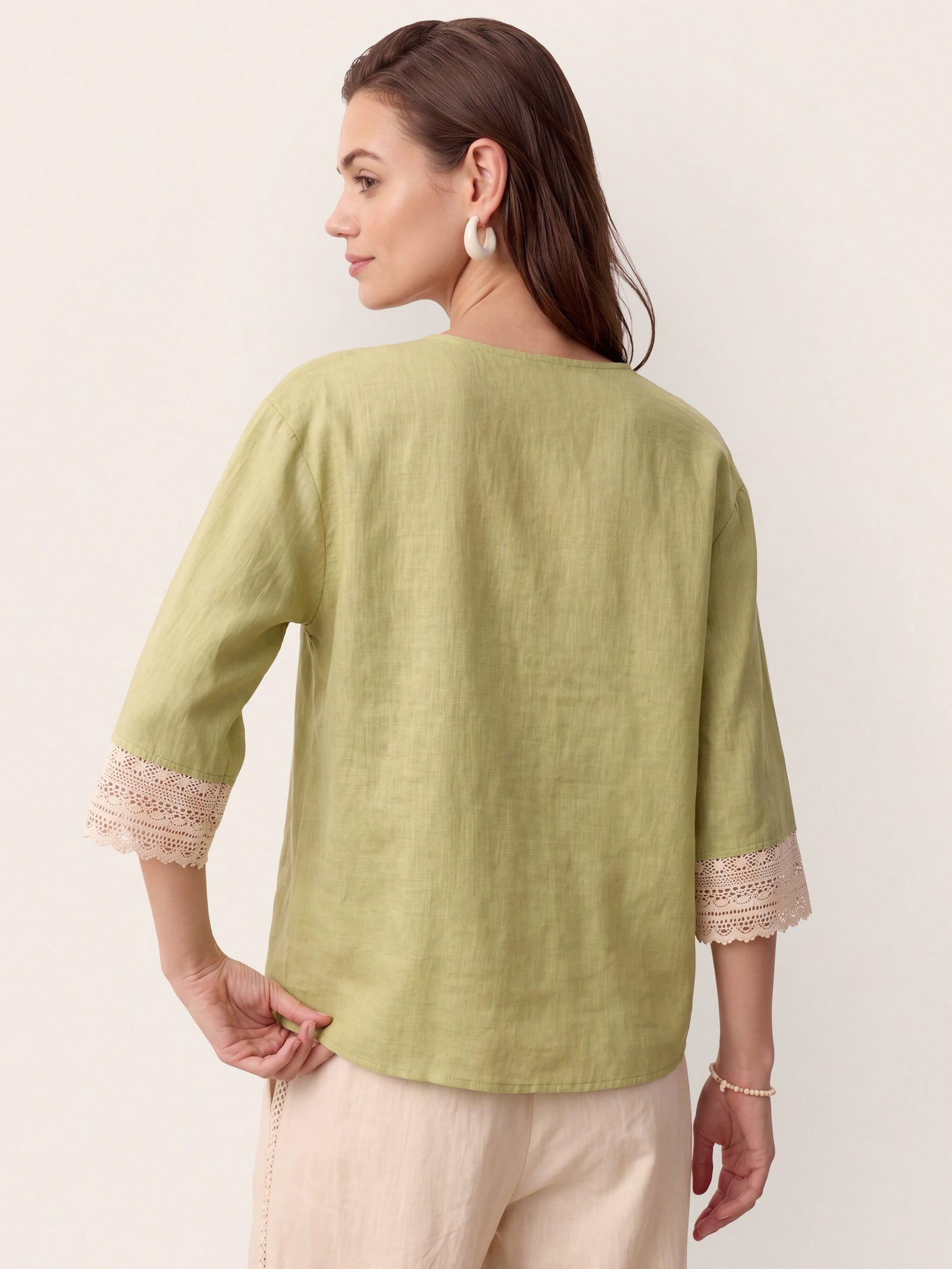 100% Linen Lace-Trim V-Neck Top KEELY