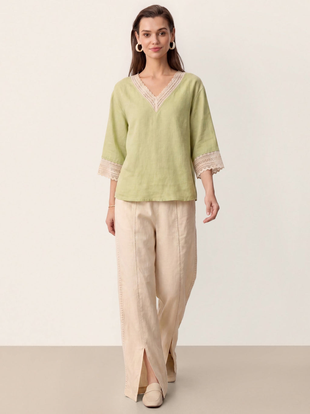 100% Linen Lace-Trim V-Neck Top KEELY