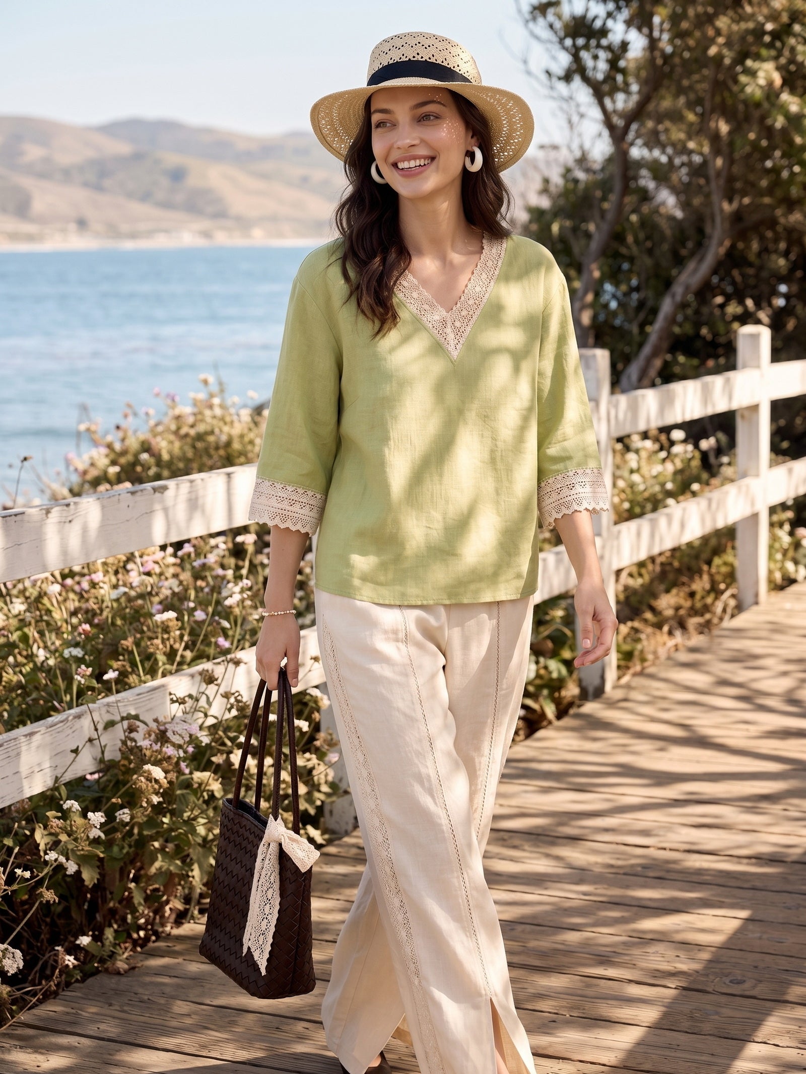 100% Linen Lace-Trim V-Neck Top KEELY