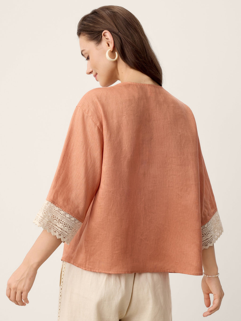 100% Linen Lace-Trim V-Neck Top KEELY