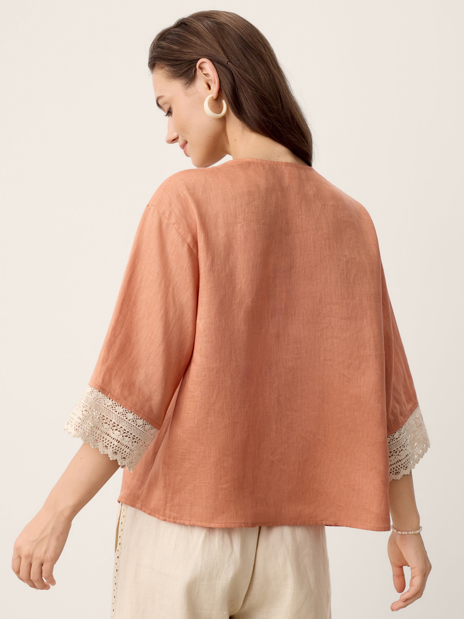 100% Linen Lace-Trim V-Neck Top KEELY