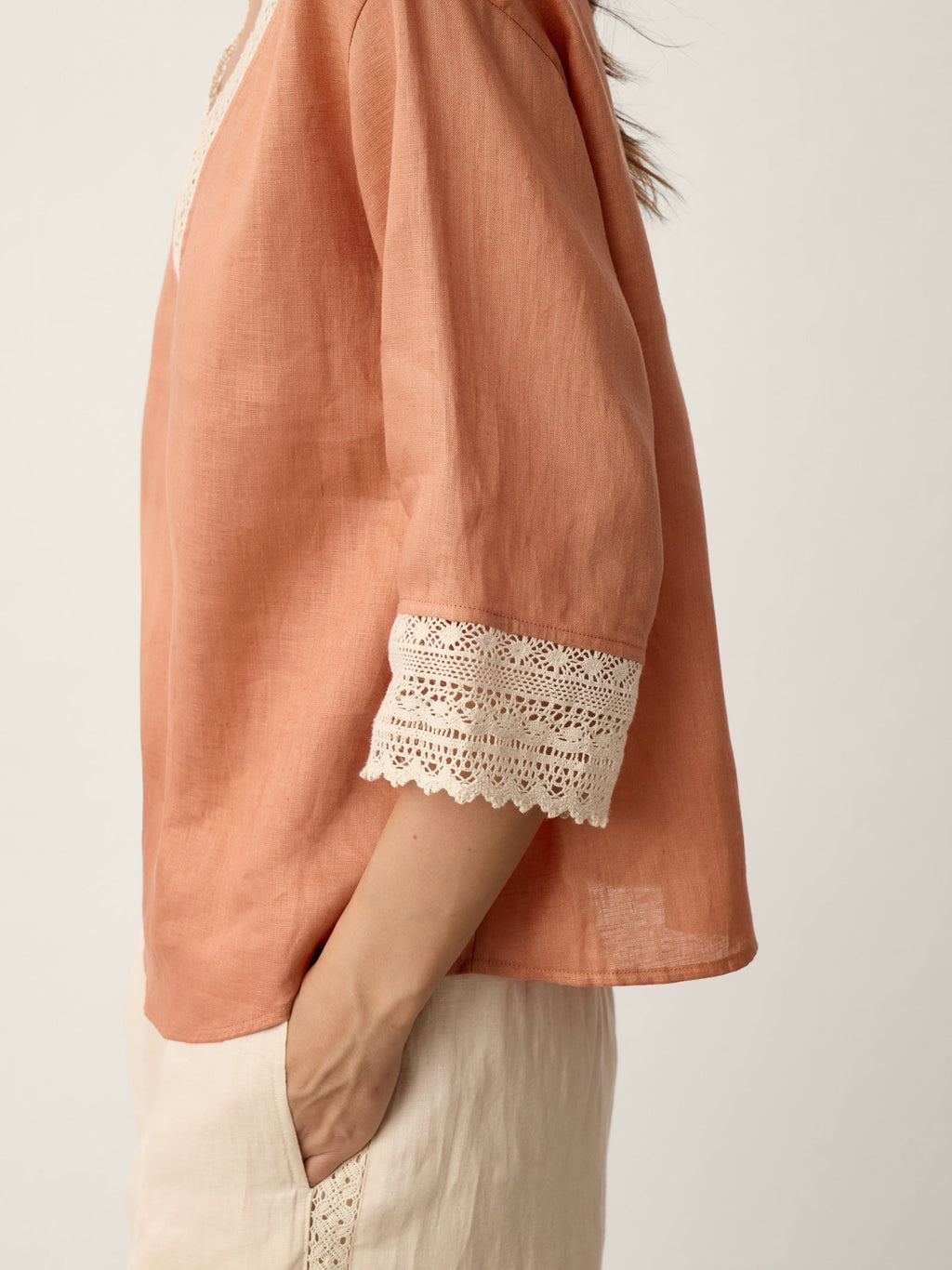 100% Linen Lace-Trim V-Neck Top KEELY