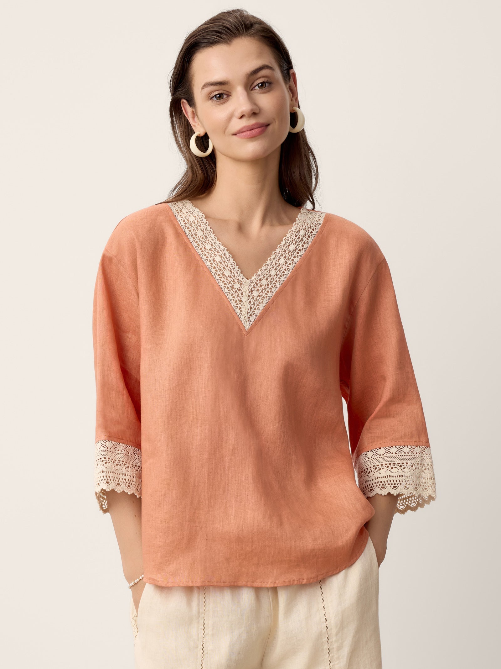100% Linen Lace-Trim V-Neck Top KEELY
