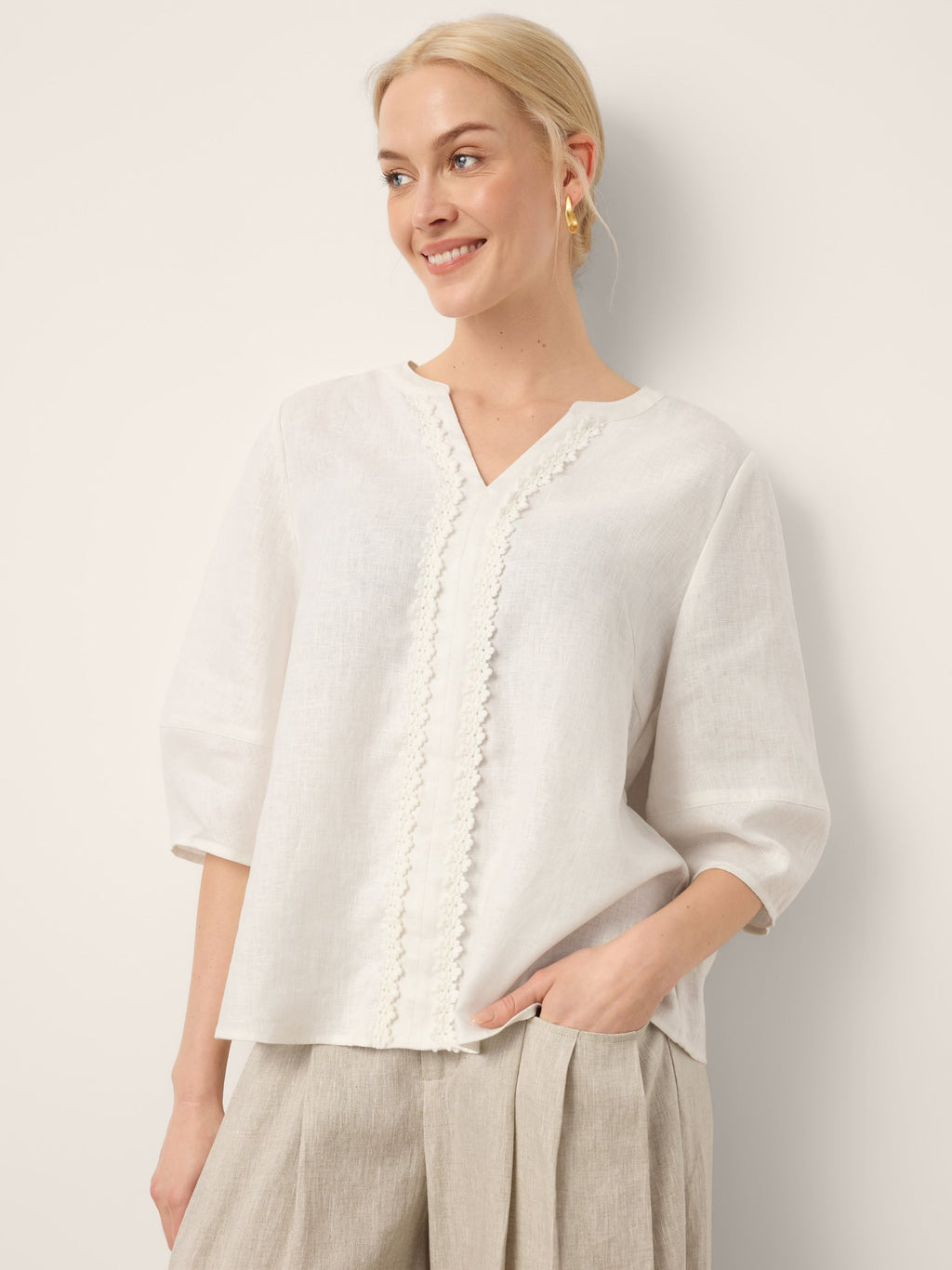 100% Linen Lace Trim Lantern Sleeve V-Neck Top LIVIAN