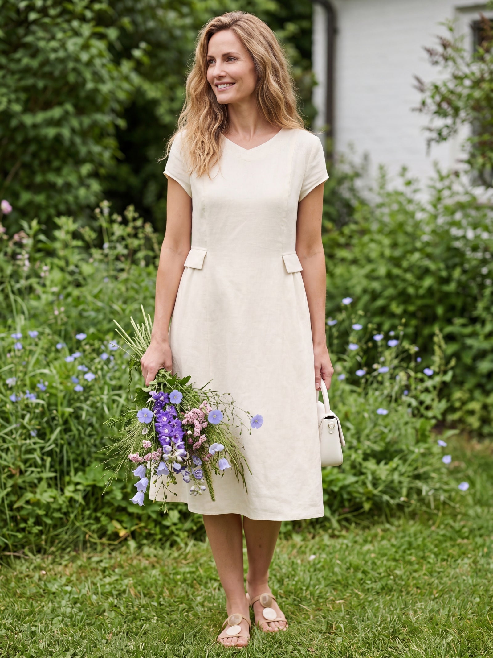 100% Linen Natural Summer V-Neck Dress ALEXA