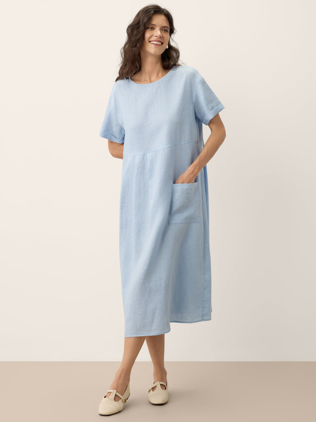 100% Linen Pinstripe Paneled Short-Sleeved Dress MORGAN
