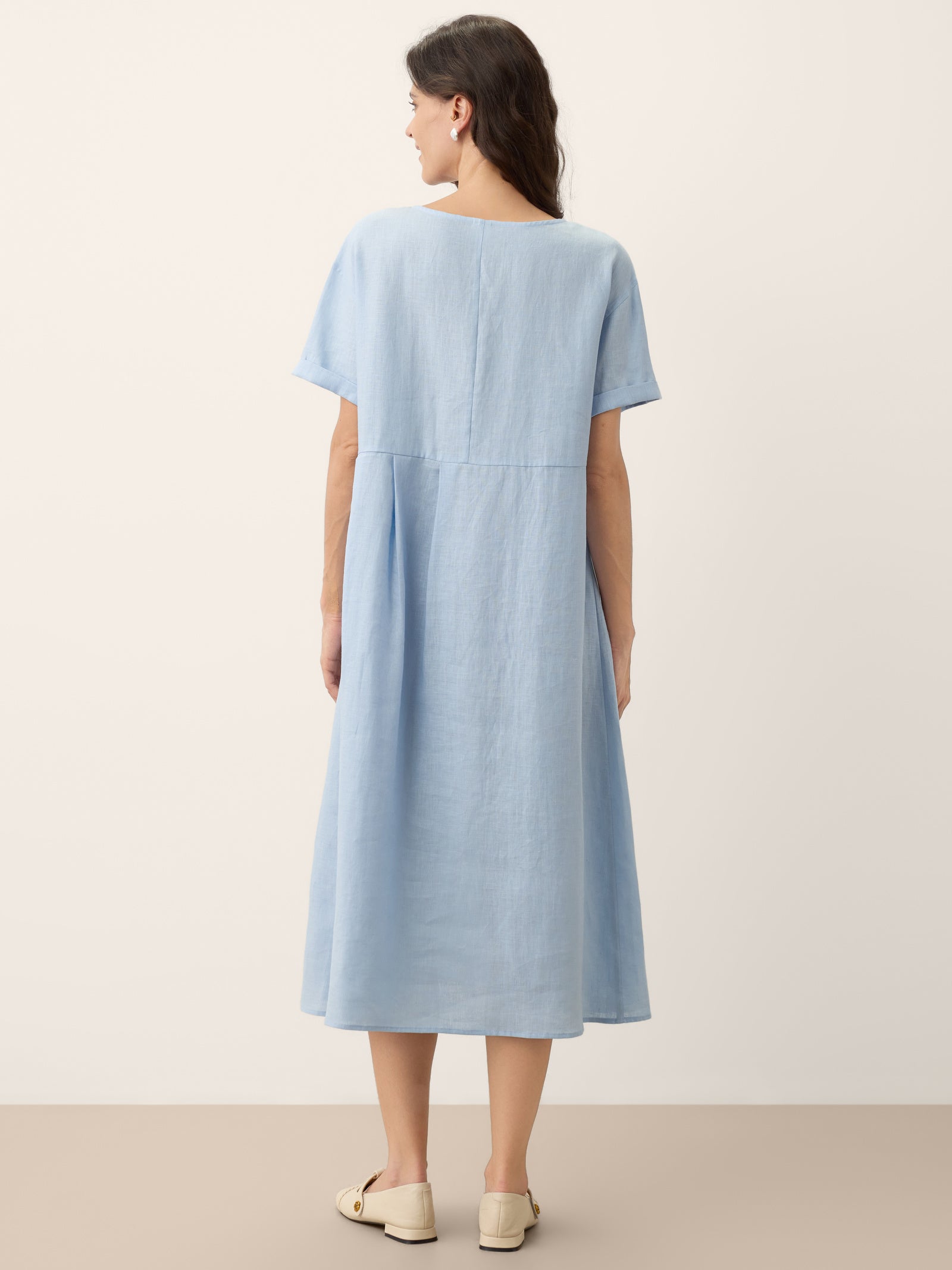 100% Linen Pinstripe Paneled Short-Sleeved Dress MORGAN