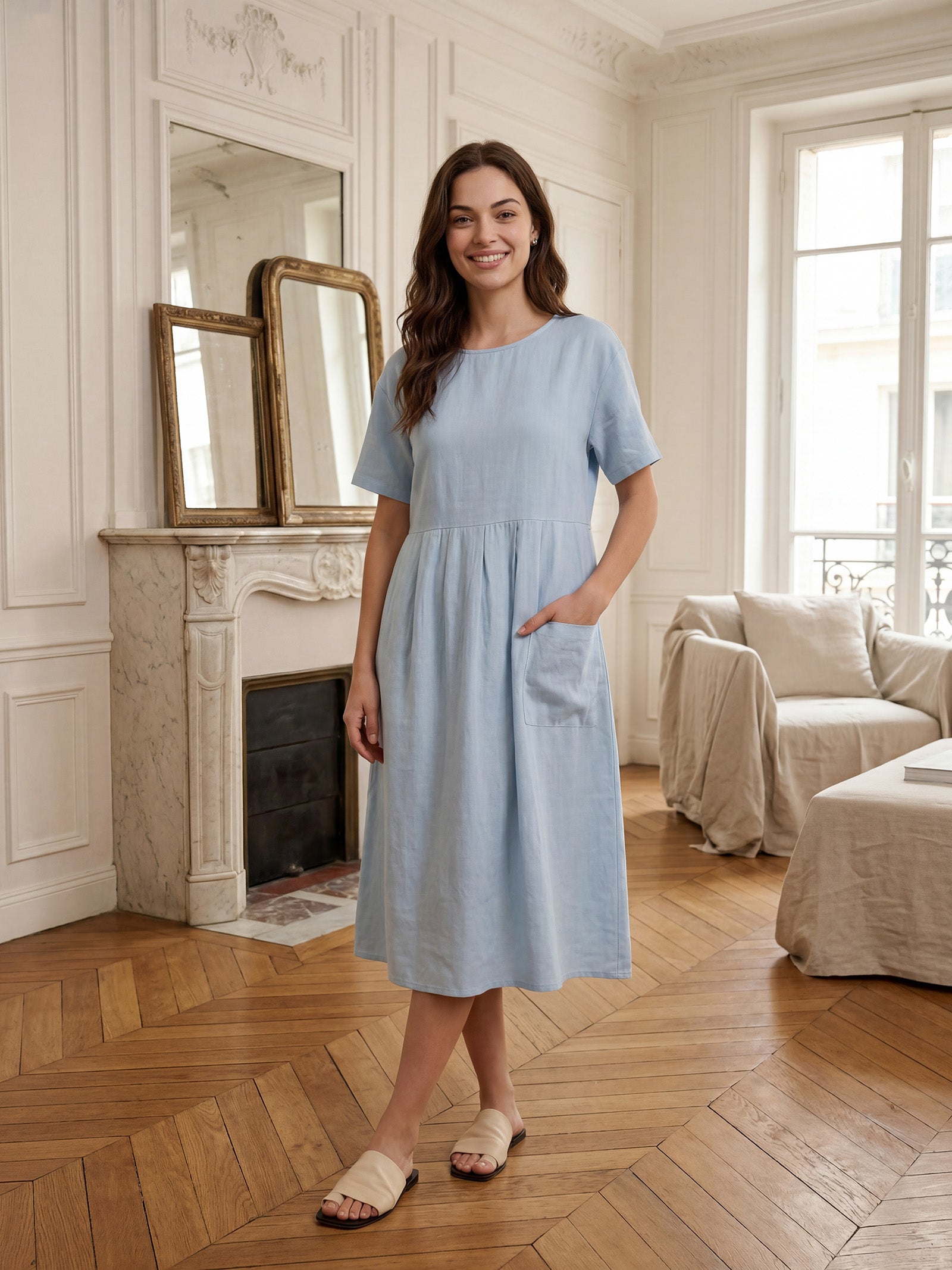 100% Linen Pinstripe Paneled Short-Sleeved Dress MORGAN