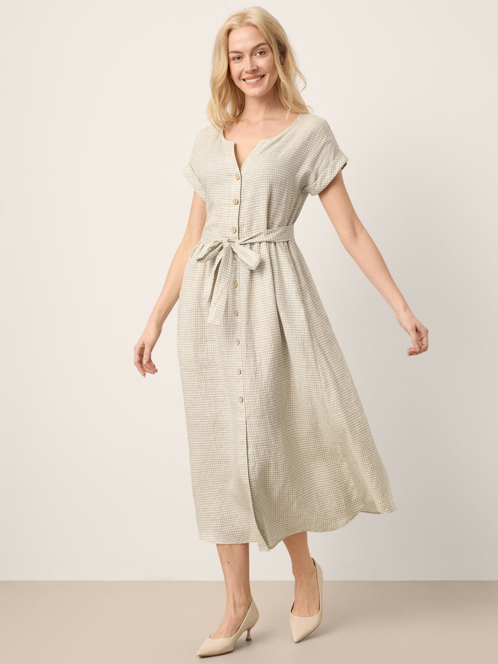 100% Linen Plaid Detachable Tie-Belt Button-Front Maxi Dress LARISSA