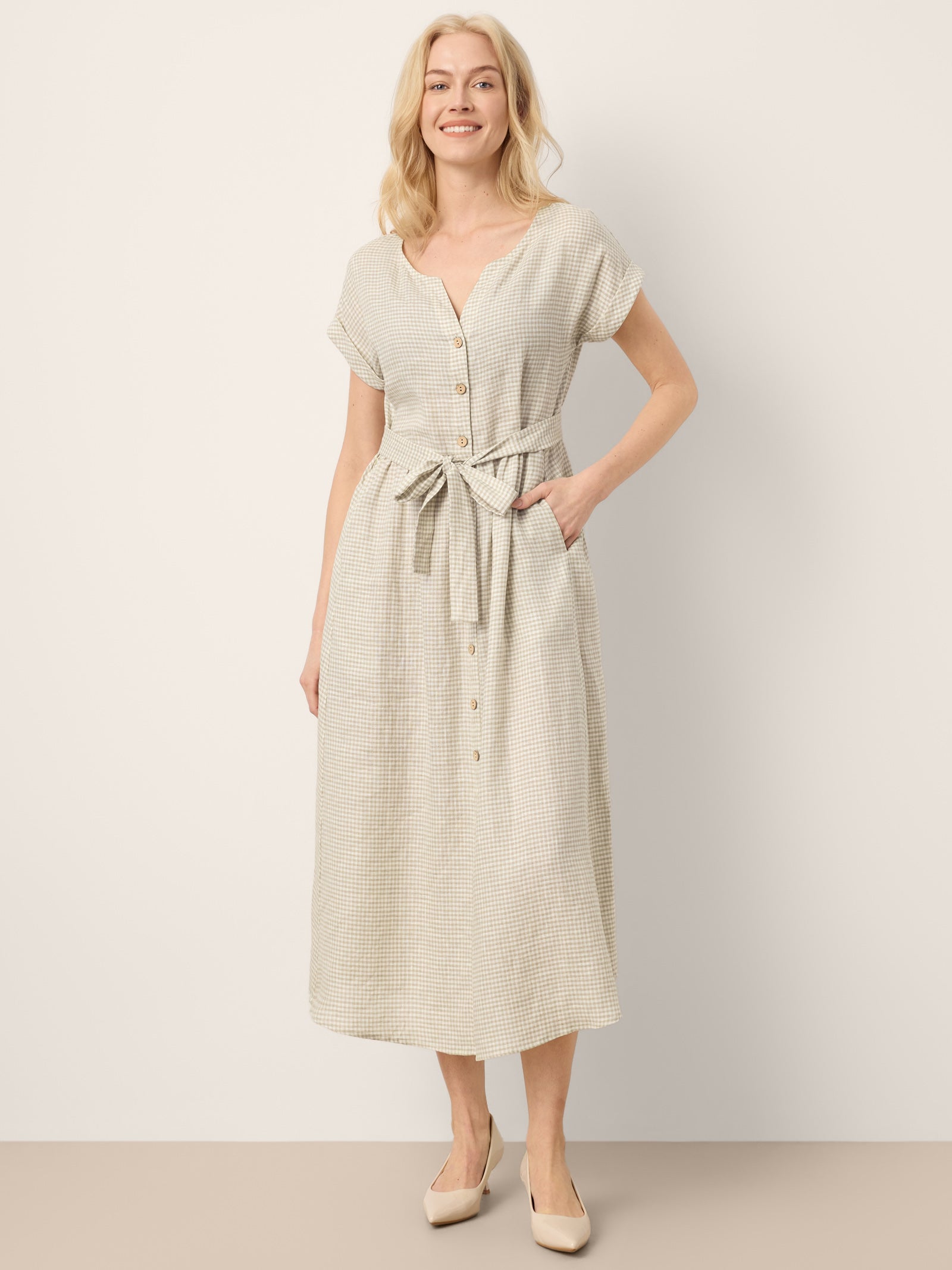 100% Linen Plaid Detachable Tie-Belt Button-Front Maxi Dress LARISSA