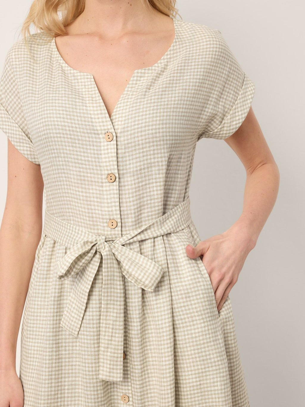 100% Linen Plaid Detachable Tie-Belt Button-Front Maxi Dress LARISSA