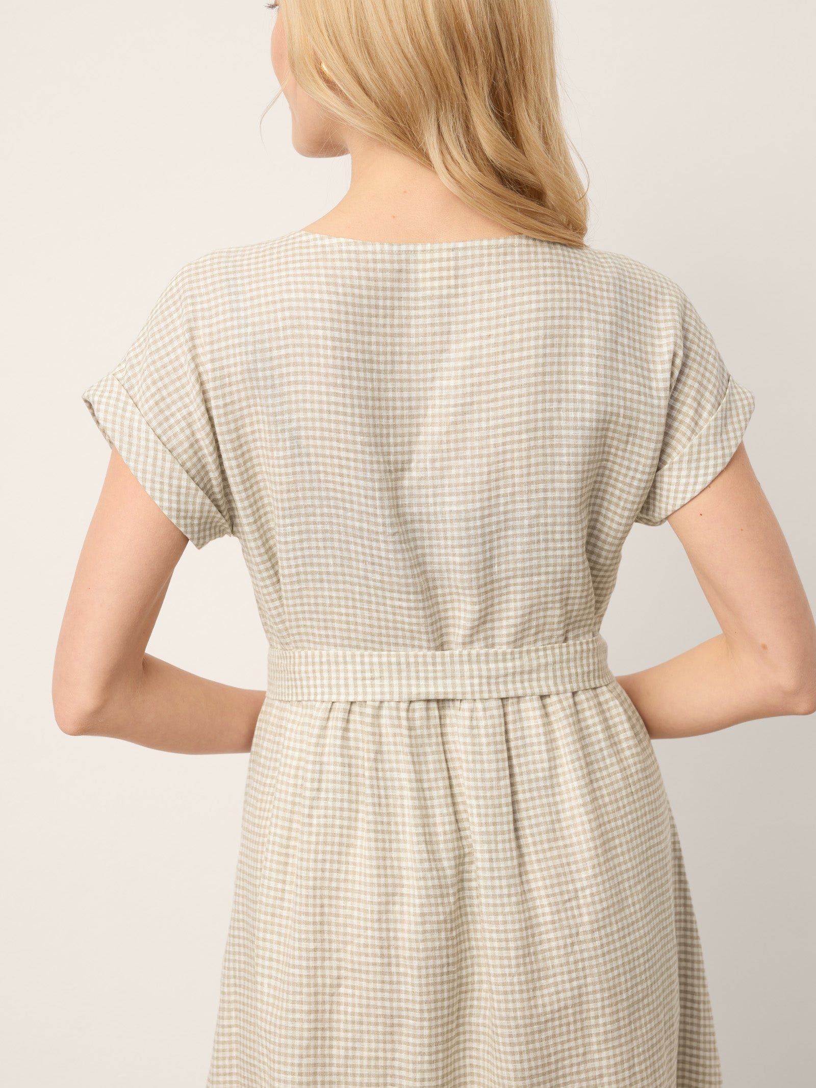 100% Linen Plaid Detachable Tie-Belt Button-Front Maxi Dress LARISSA
