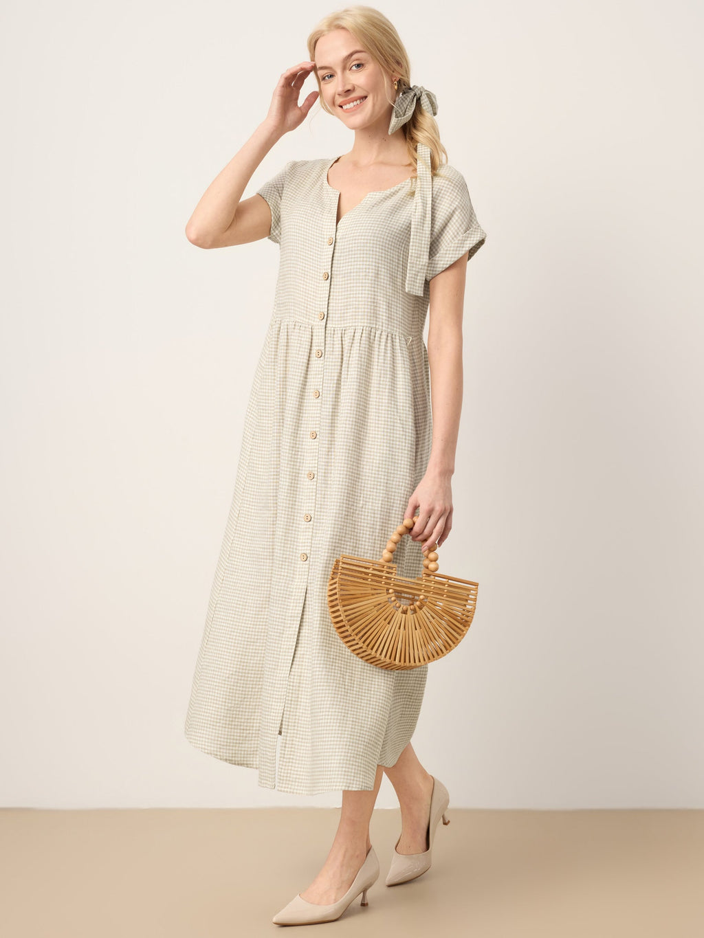 100% Linen Plaid Detachable Tie-Belt Button-Front Maxi Dress LARISSA