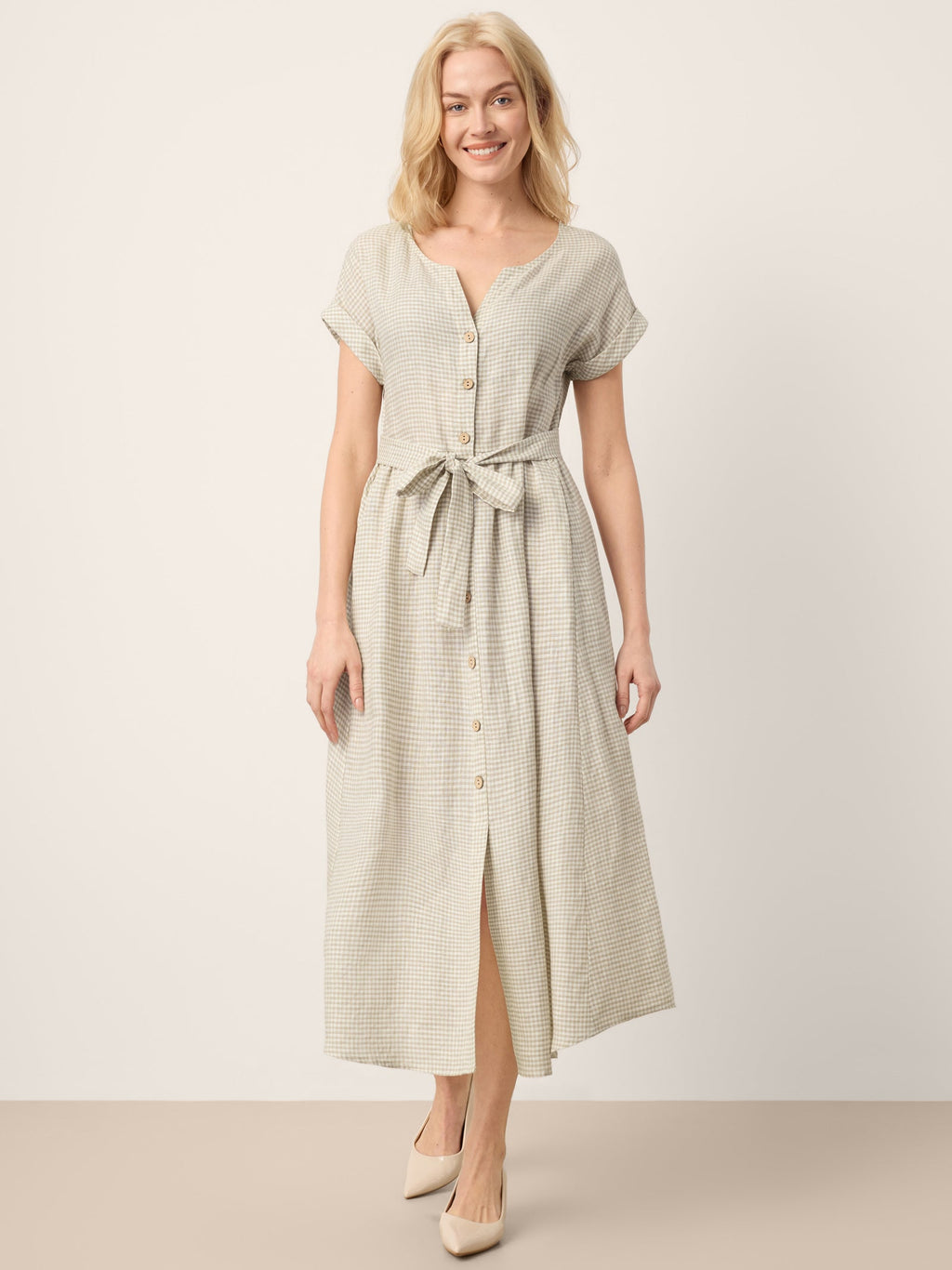 100% Linen Plaid Detachable Tie-Belt Button-Front Maxi Dress LARISSA