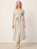 100% Linen Plaid Detachable Tie-Belt Button-Front Maxi Dress LARISSA