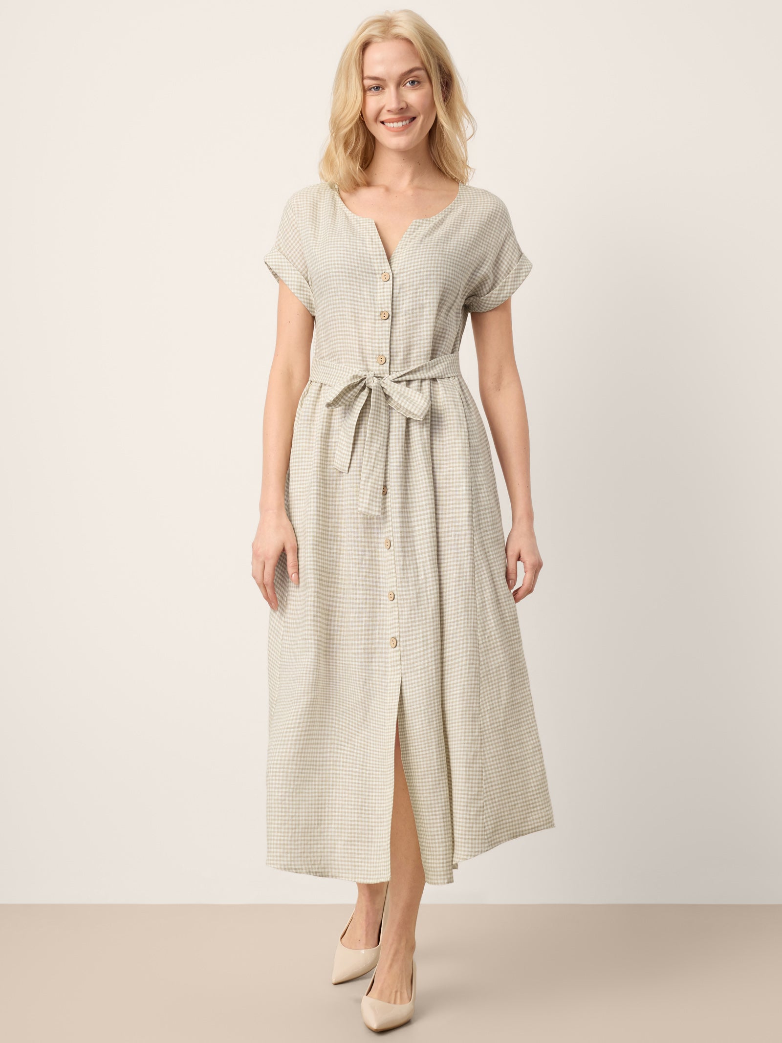 100% Linen Plaid Detachable Tie-Belt Button-Front Maxi Dress LARISSA