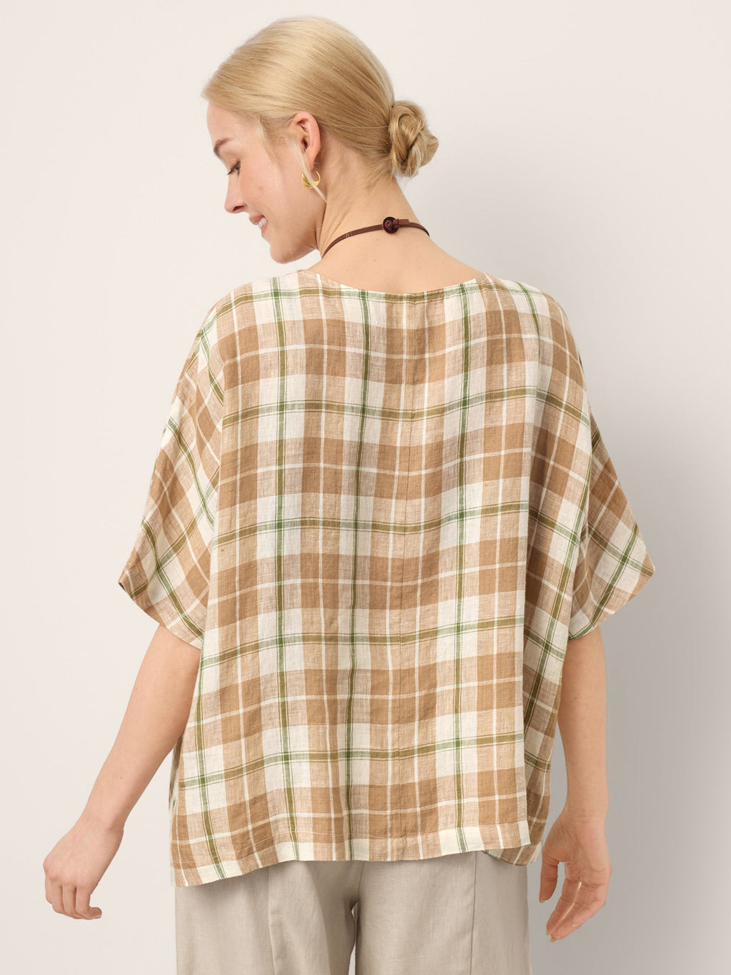100% Linen Plaid Drop Shoulder Side Slit Top LORNA
