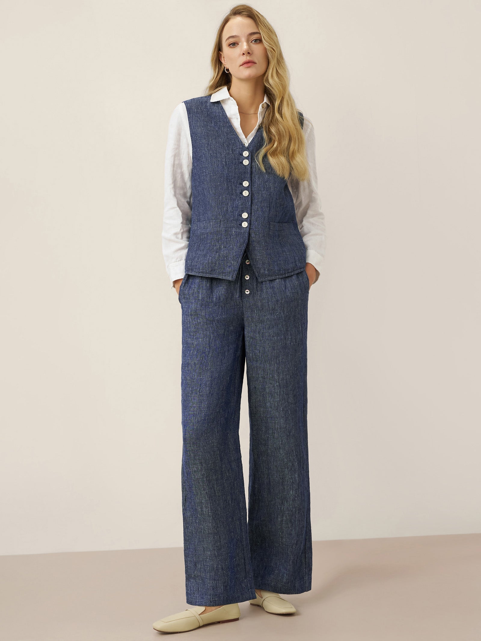 100% Linen Reversible Denim Texture Button Front Vest HARPER