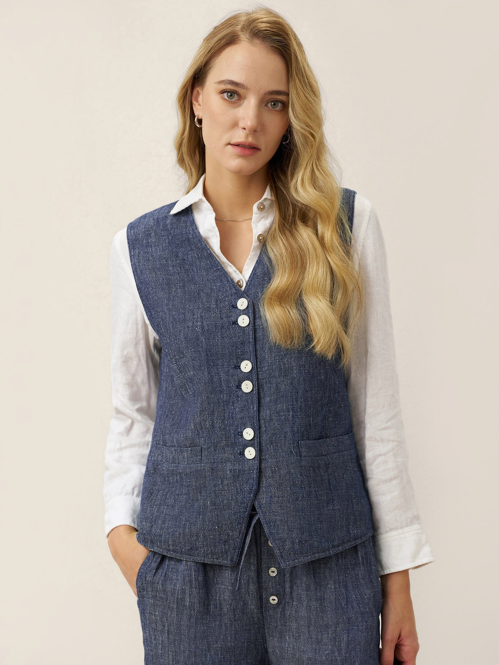 100% Linen Reversible Denim Texture Button Front Vest HARPER