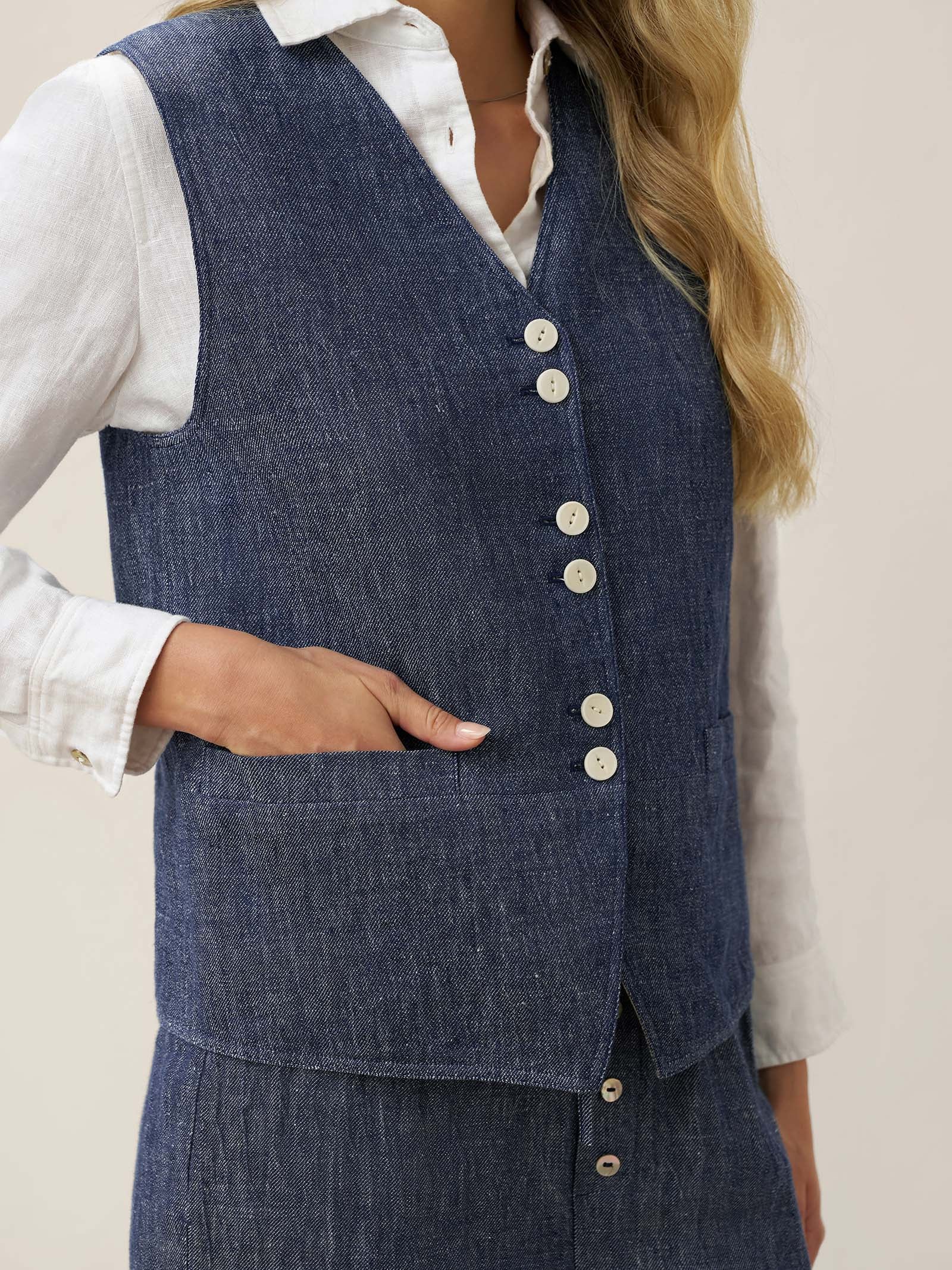 100% Linen Reversible Denim Texture Button Front Vest HARPER