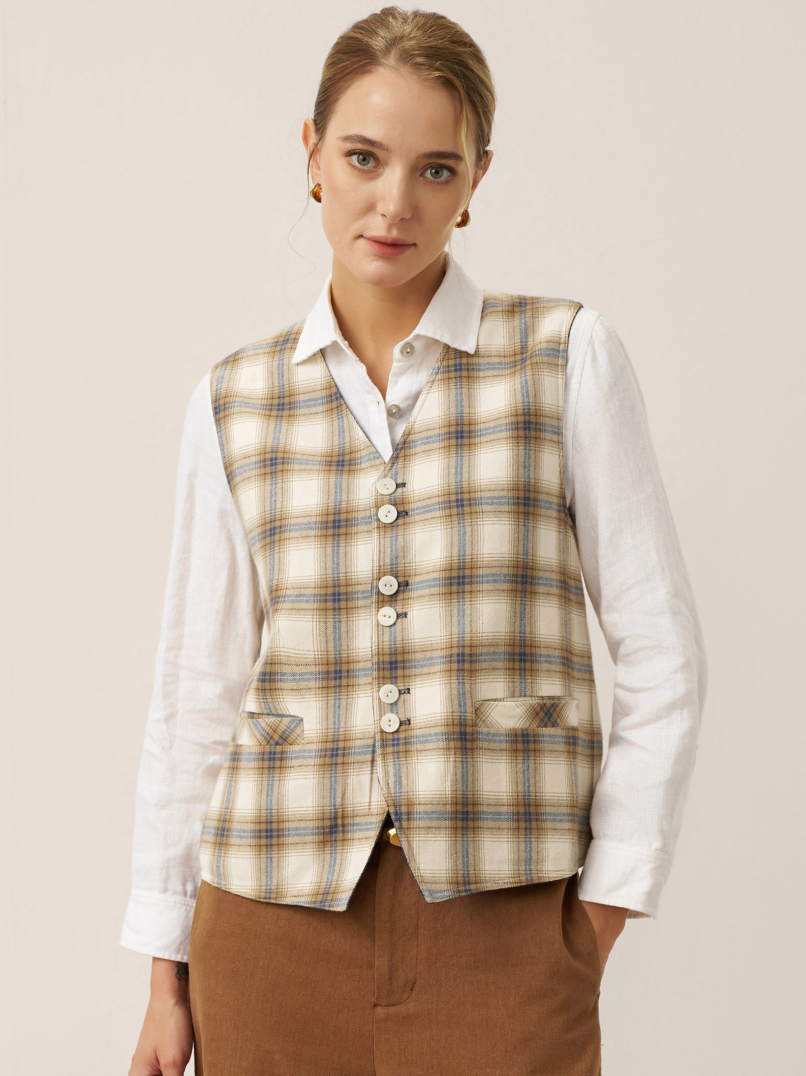 100% Linen Reversible Denim Texture Button Front Vest HARPER