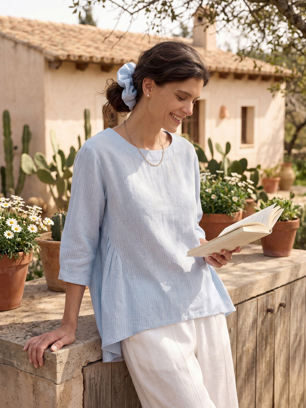 100% Linen Round Neck Artistic Stripe Top FLORENCE