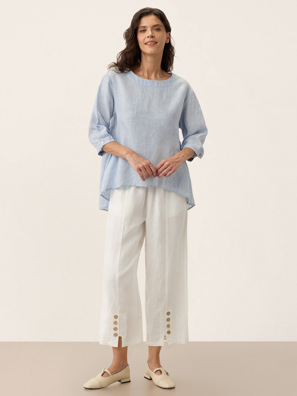 100% Linen Round Neck Artistic Stripe Top FLORENCE