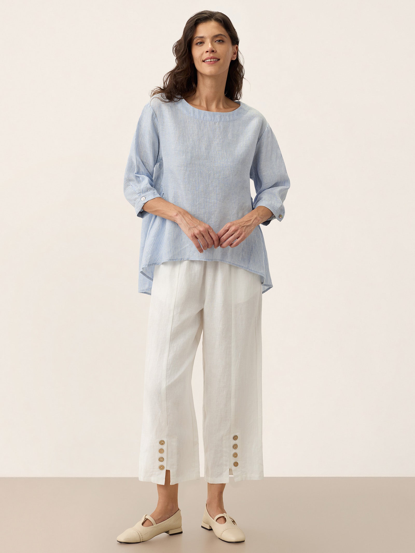 100% Linen Round Neck Artistic Stripe Top FLORENCE