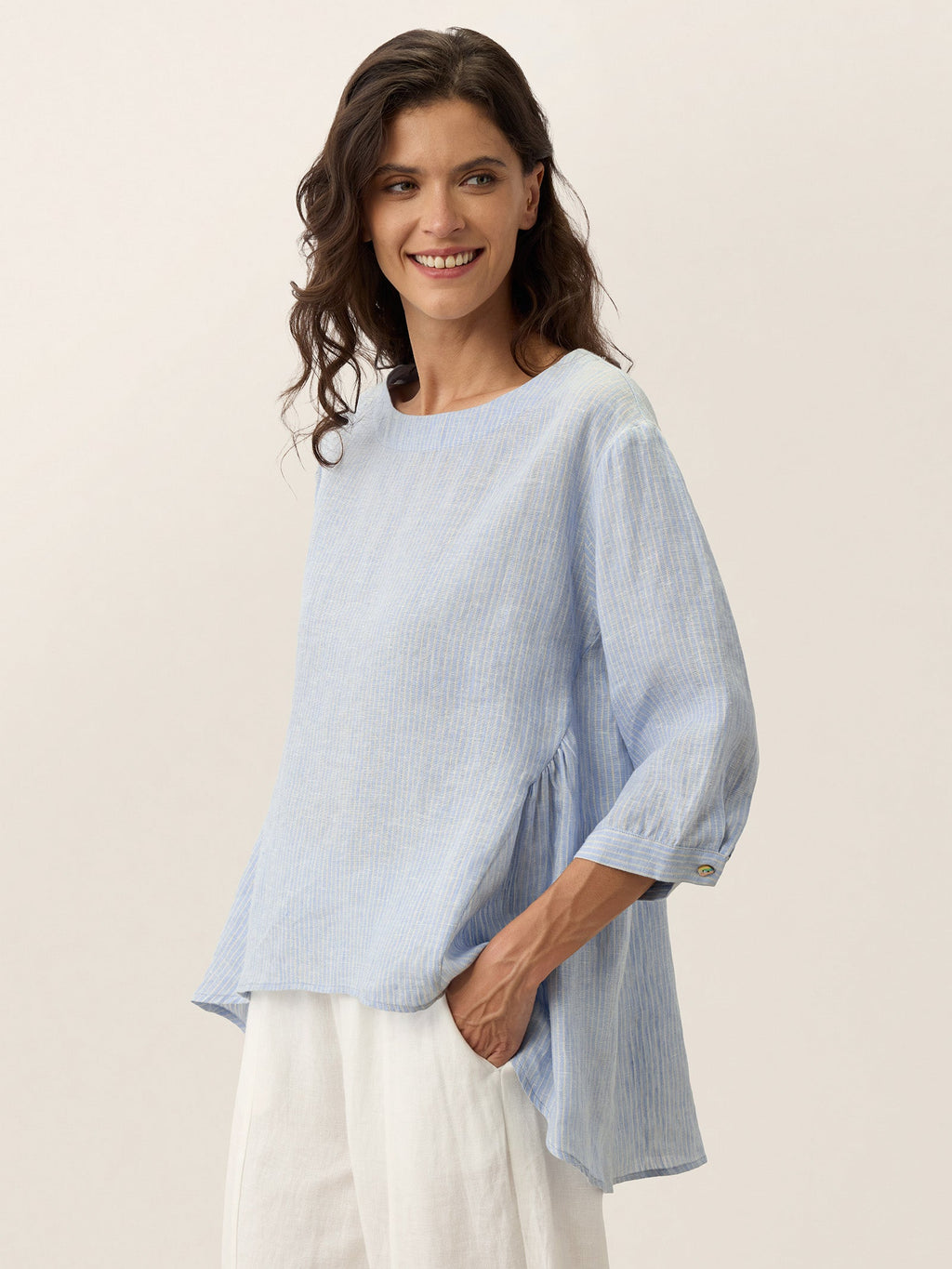100% Linen Round Neck Artistic Stripe Top FLORENCE