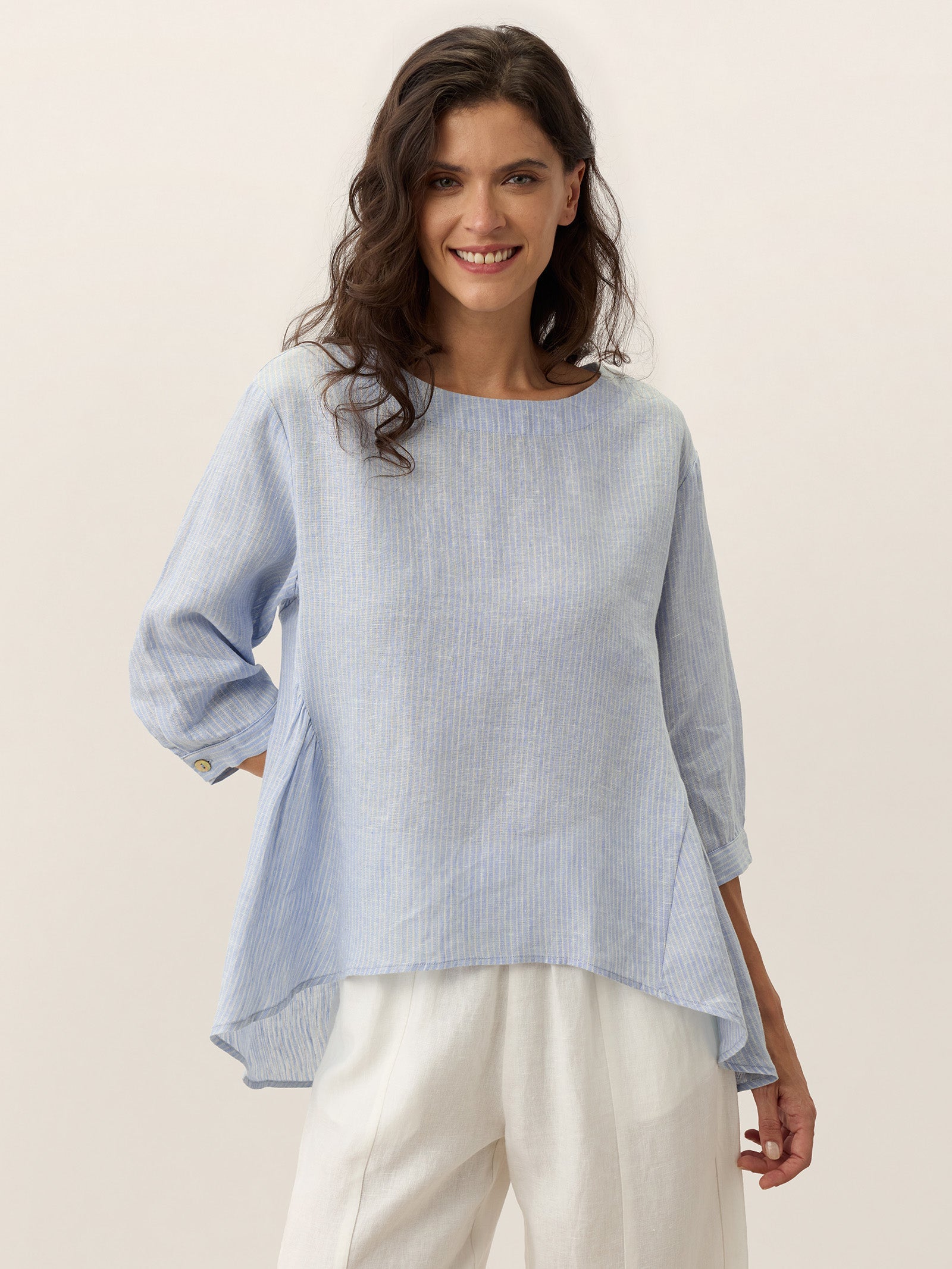 100% Linen Round Neck Artistic Stripe Top FLORENCE