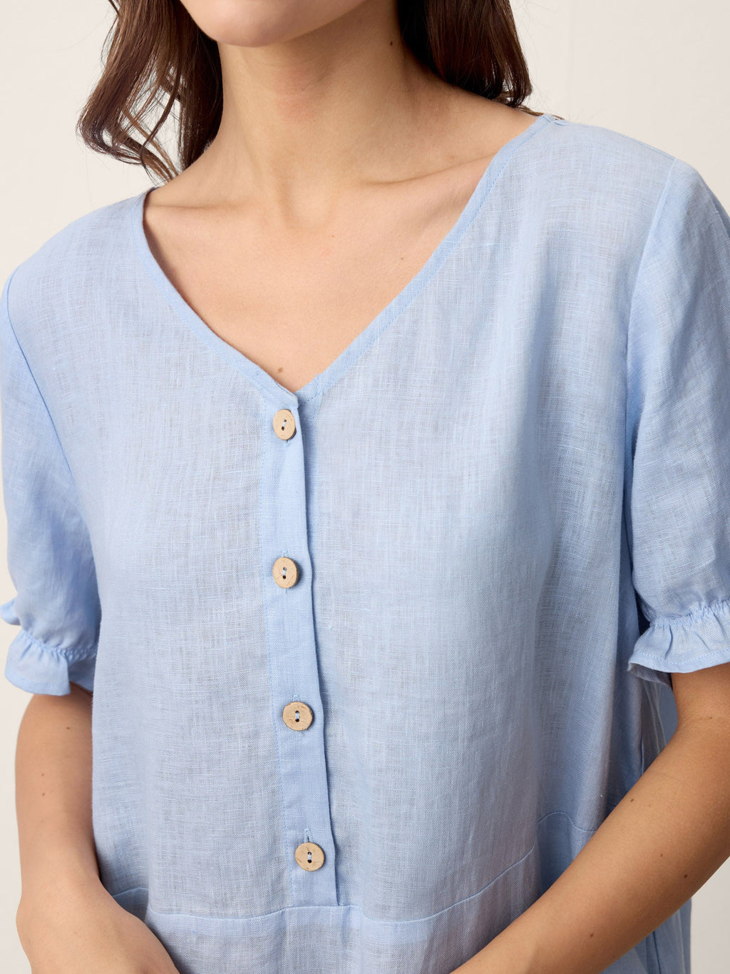 100% Linen Ruffle-Trim Belted Midi Dress LIVARA