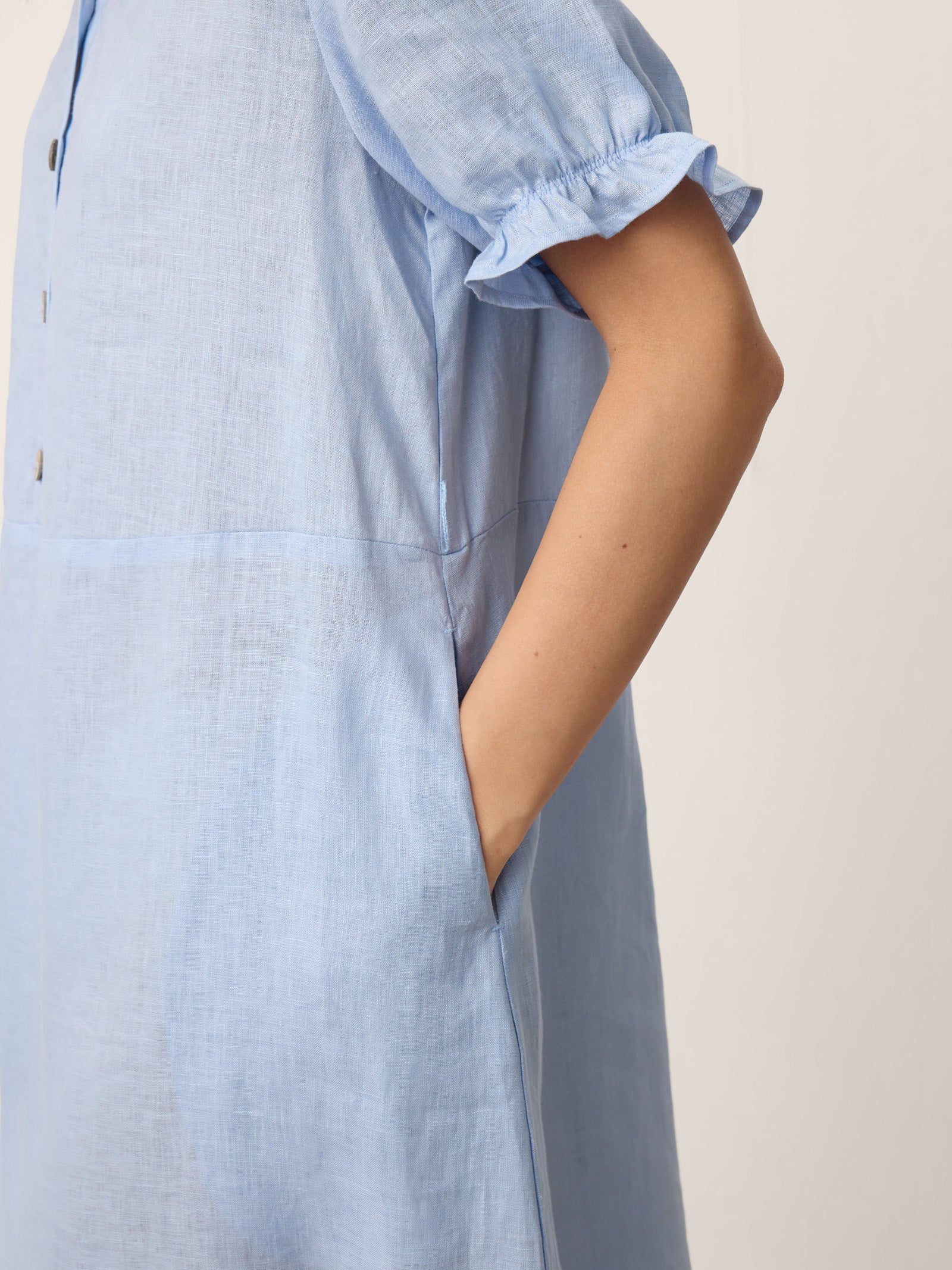 100% Linen Ruffle-Trim Belted Midi Dress LIVARA