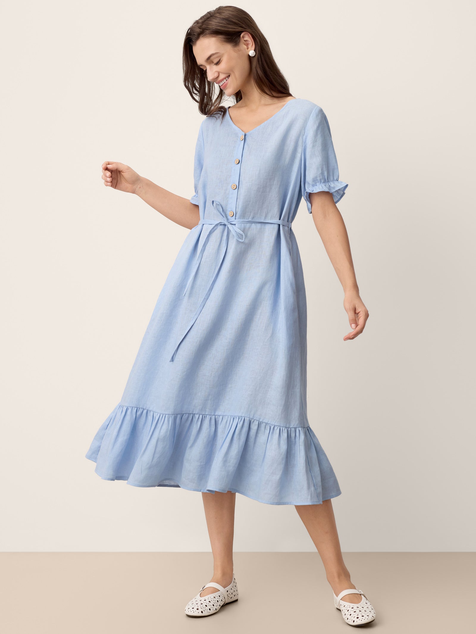100% Linen Ruffle-Trim Belted Midi Dress LIVARA