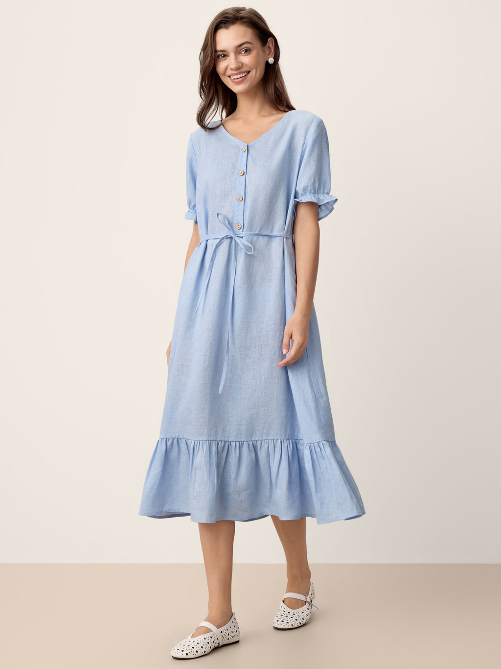 100% Linen Ruffle-Trim Belted Midi Dress LIVARA