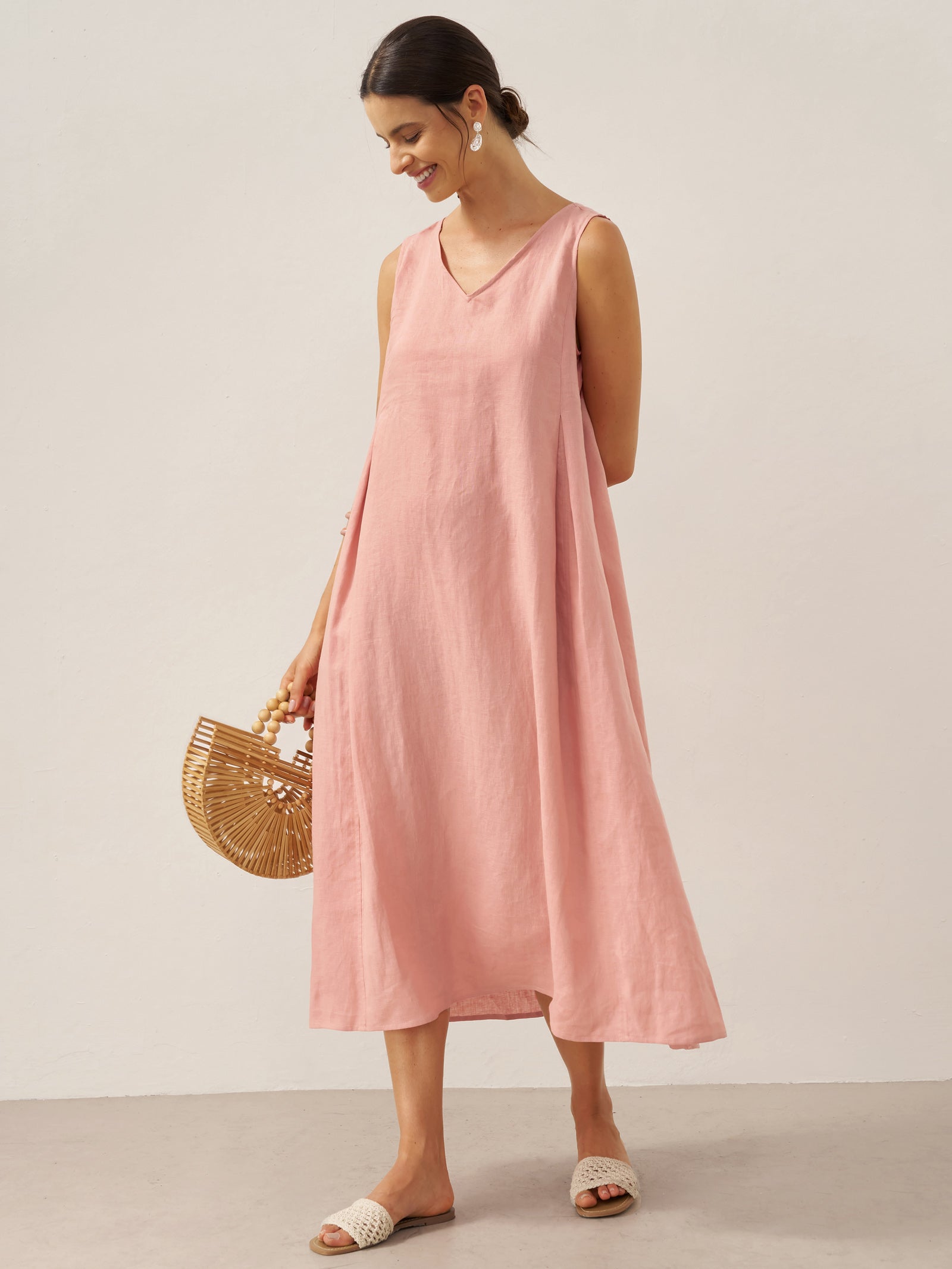 100% Linen Sleeveless A-Line Midi Dress TARA
