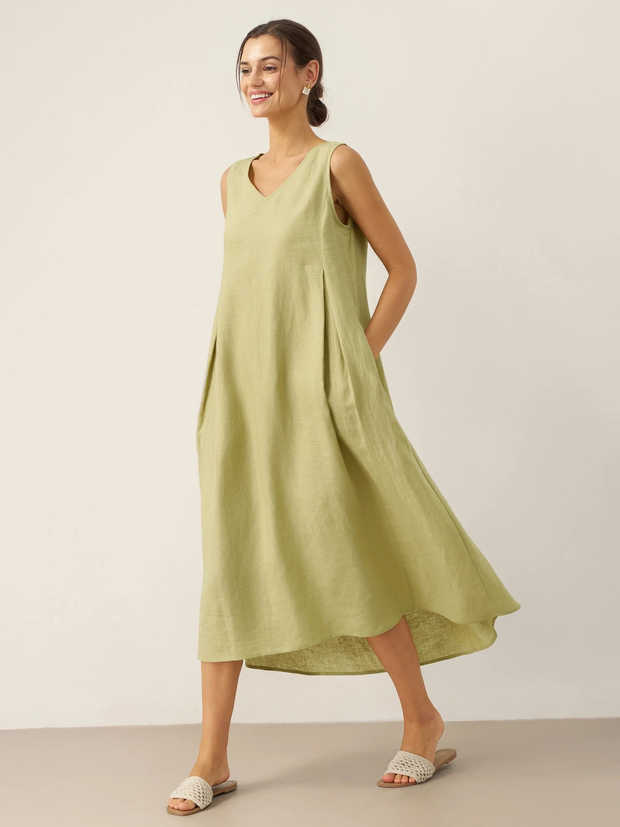 100% Linen Sleeveless A-Line Midi Dress TARA