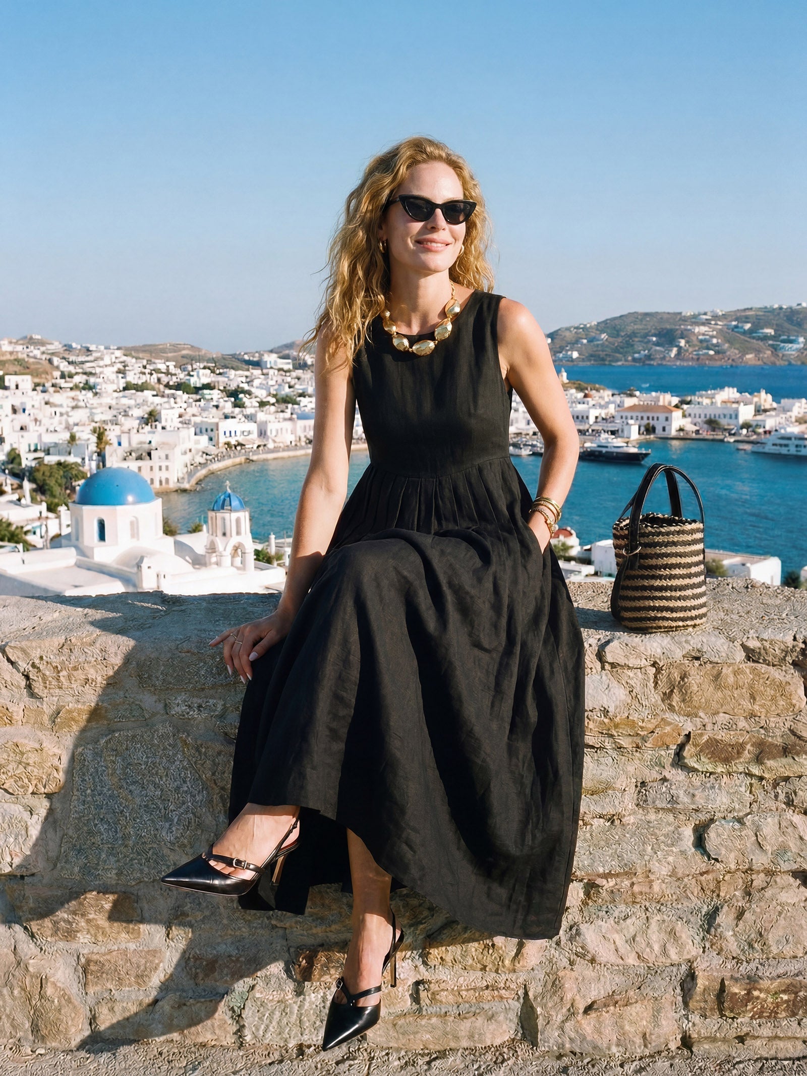 100% Linen Sleeveless Crew Neck Waist Pleated Midi Dress SELENE