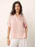 100% Linen Soft Collar Tab Sleeve Top OLGA