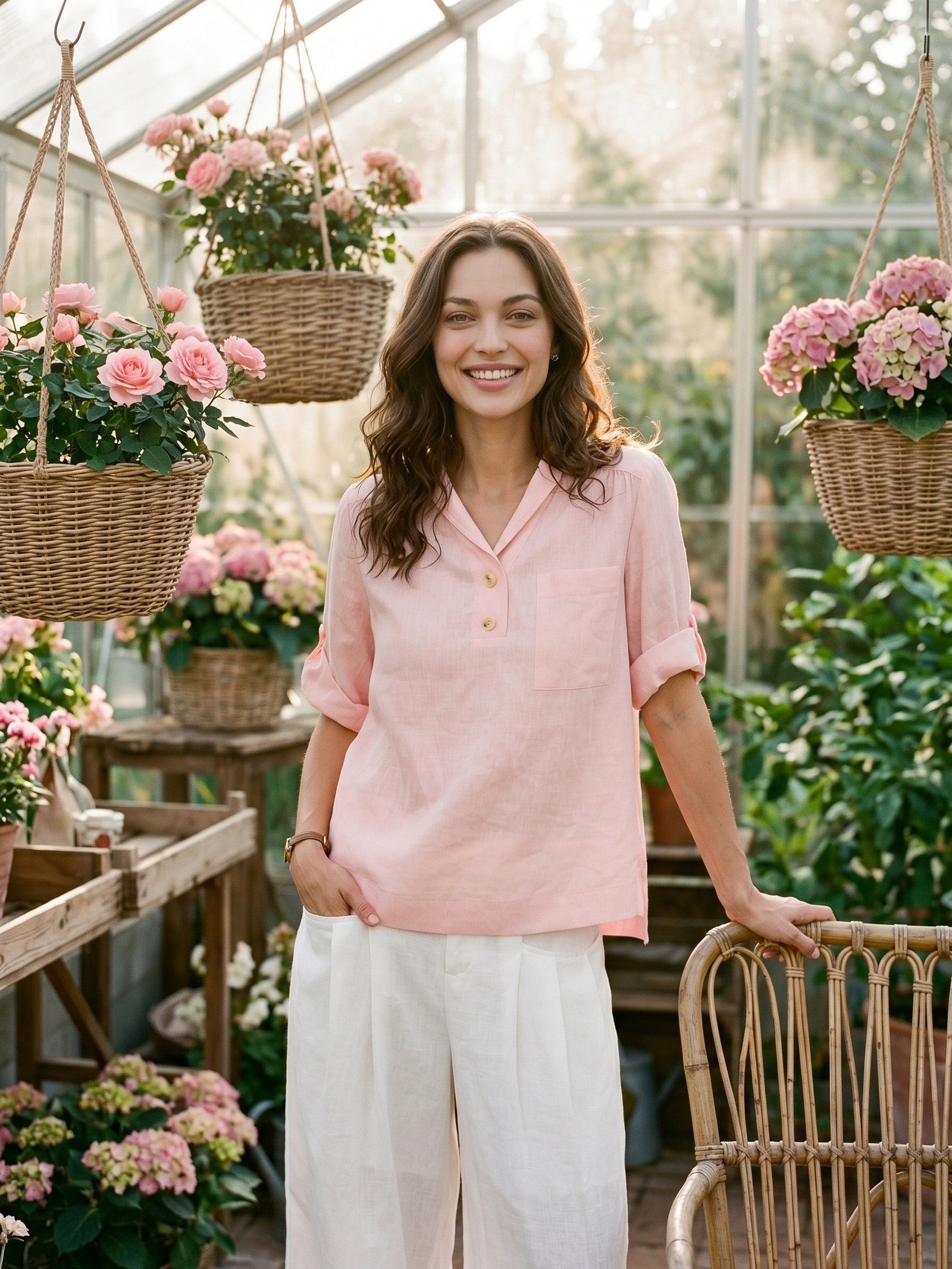 100% Linen Soft Collar Tab Sleeve Top OLGA