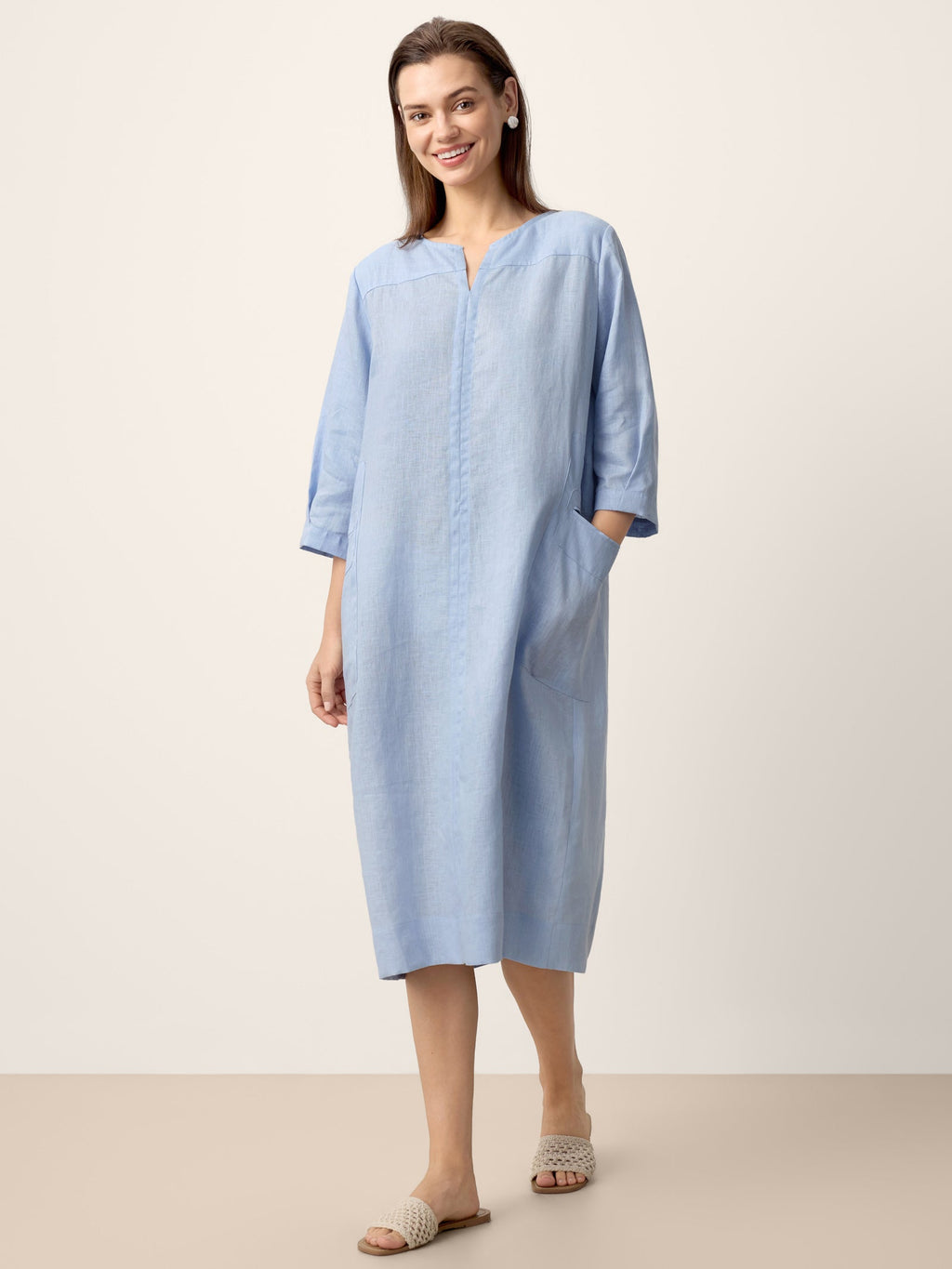 100% Linen Split-Neck Patch-Pocket Mini Dress KALINA