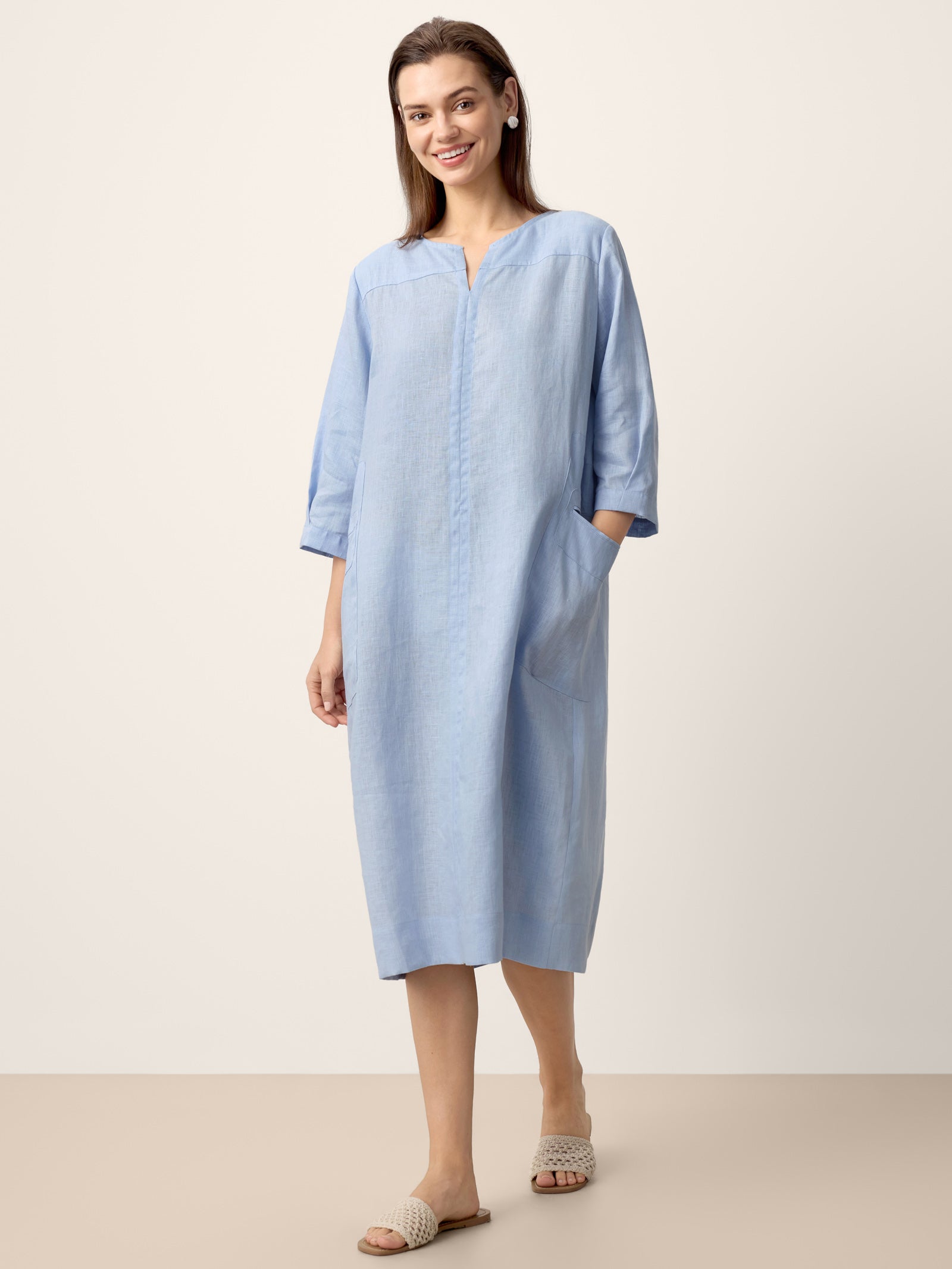 100% Linen Split-Neck Patch-Pocket Mini Dress KALINA