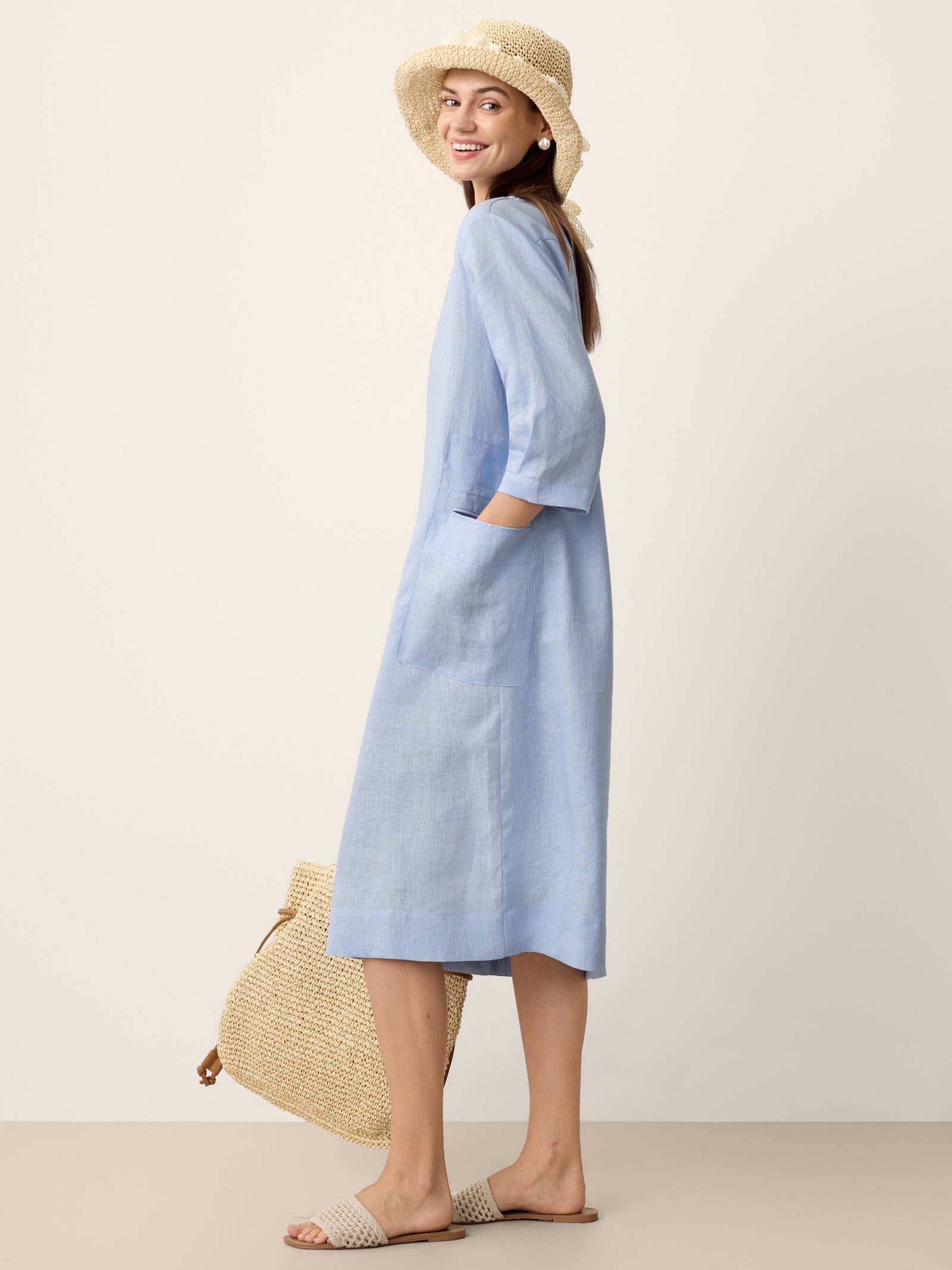 100% Linen Split-Neck Patch-Pocket Mini Dress KALINA