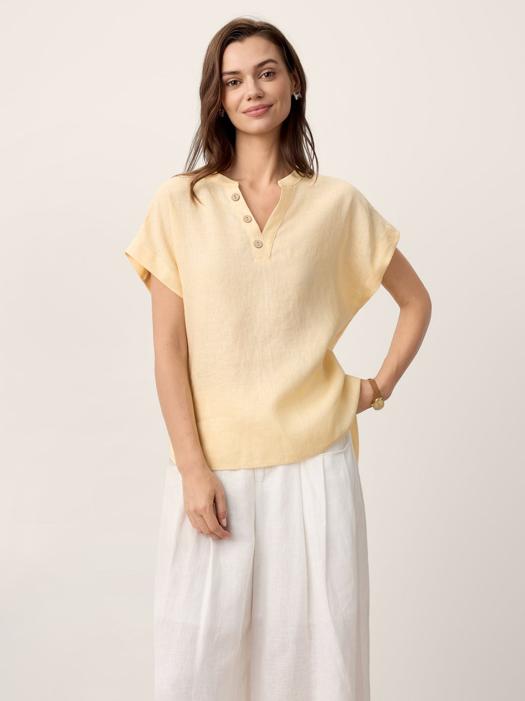 100% Linen Stand-Collar Curved-Hem Top CRESSA