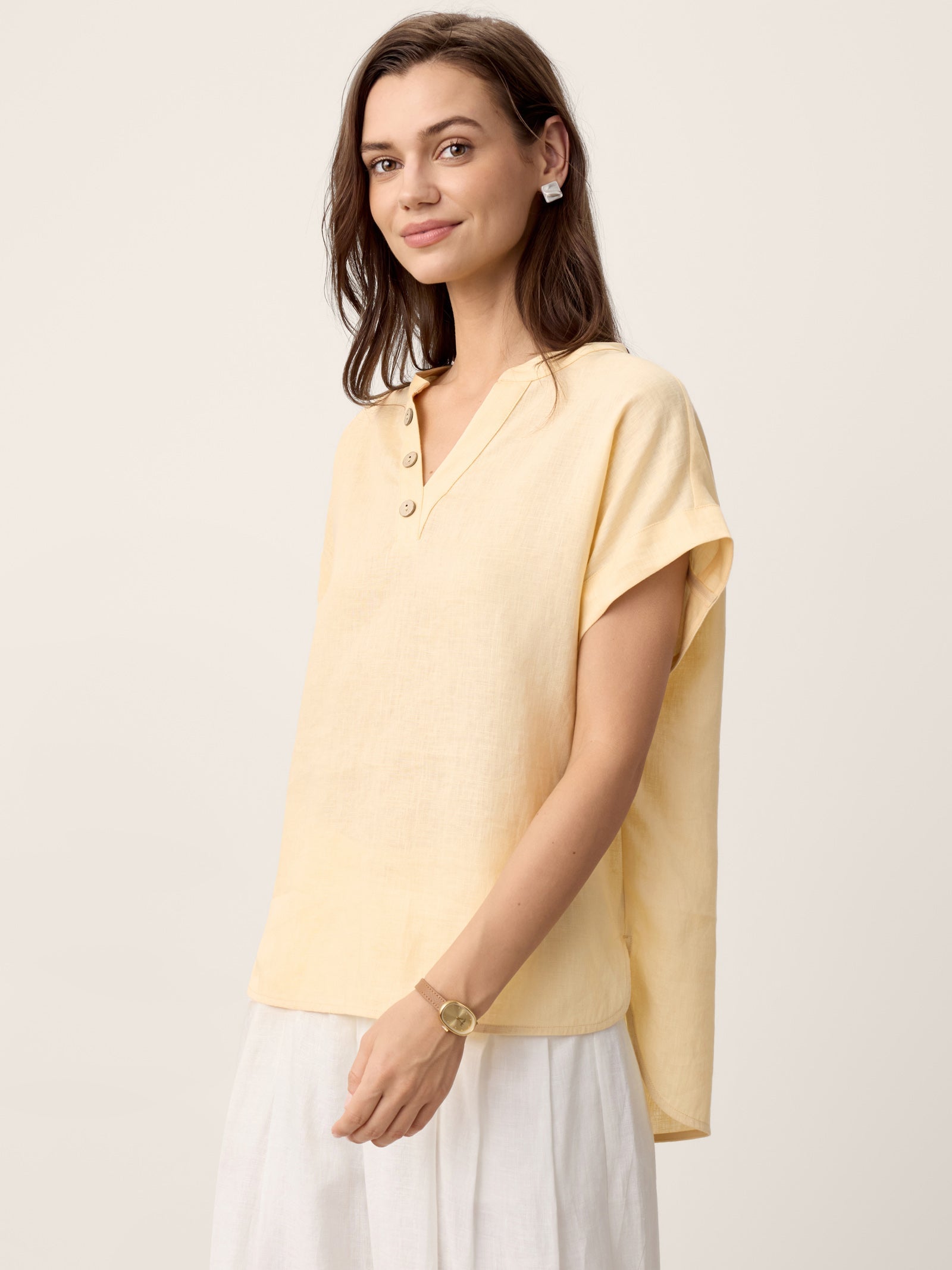 100% Linen Stand-Collar Curved-Hem Top CRESSA