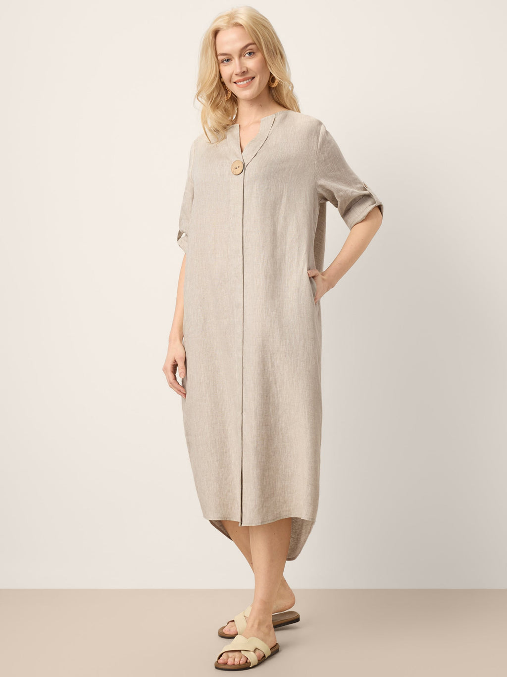 100% Linen Stand Collar V-Slit Tab Sleeve Midi Dress LEORA