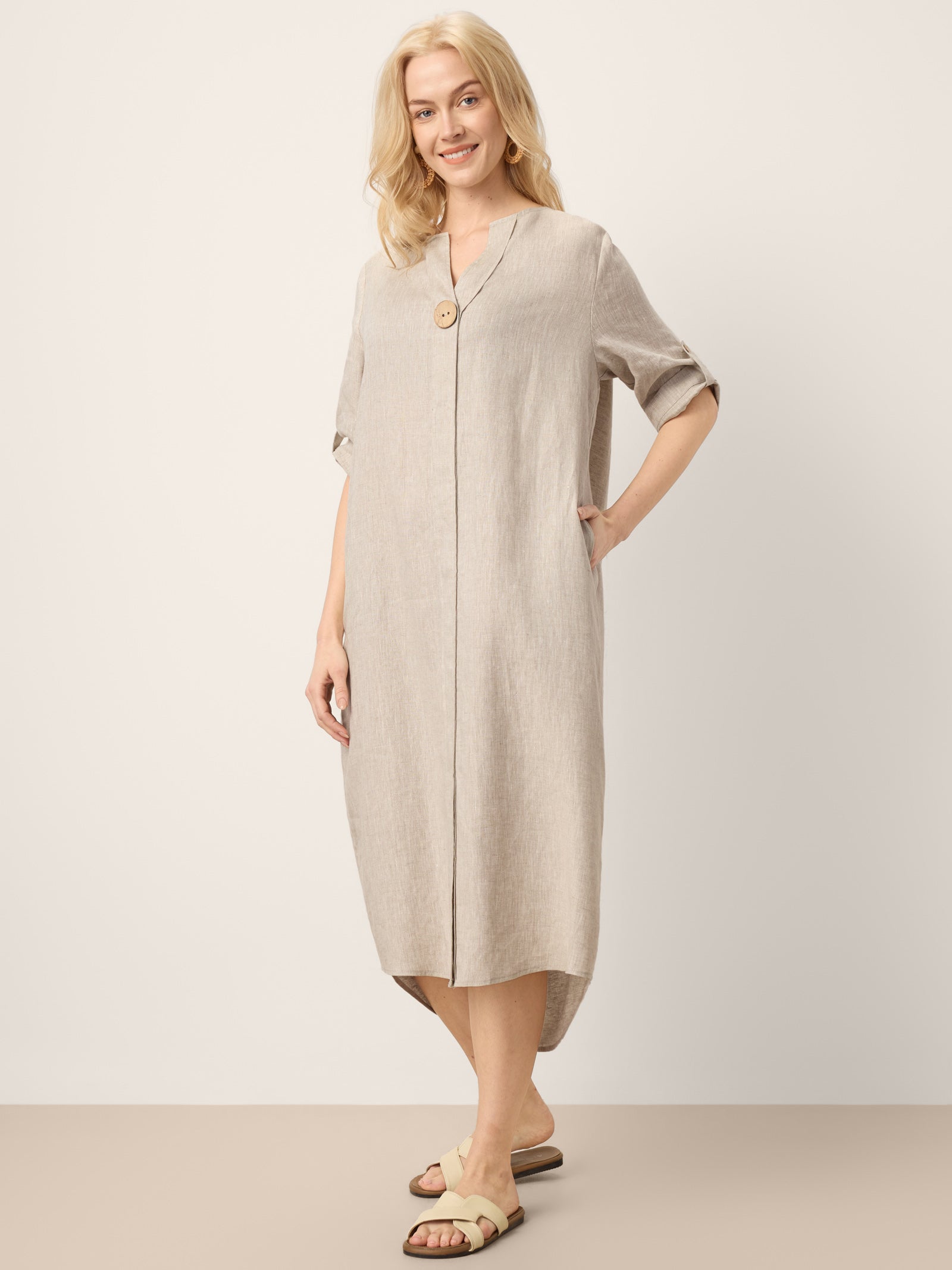 100% Linen Stand Collar V-Slit Tab Sleeve Midi Dress LEORA